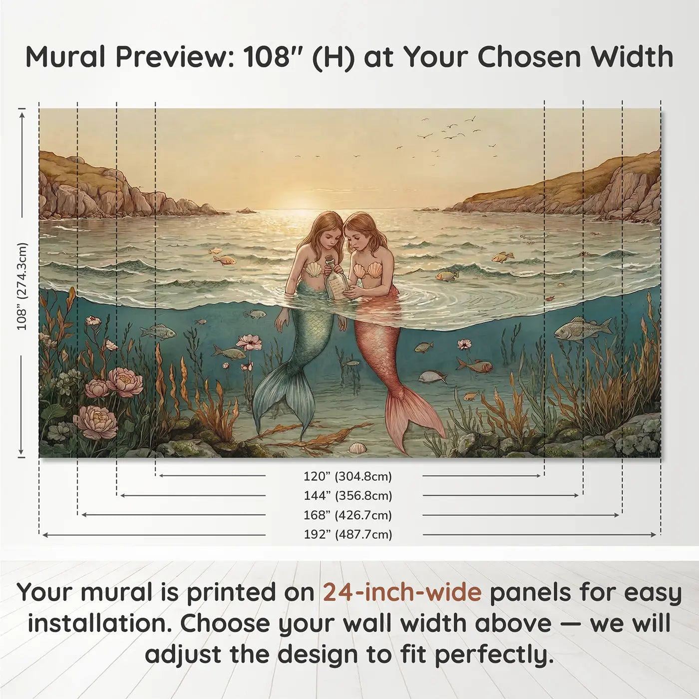 Panel layout and dimensions for Mermaid Message Bottle Wallpaper Mural by Whimsy Tots