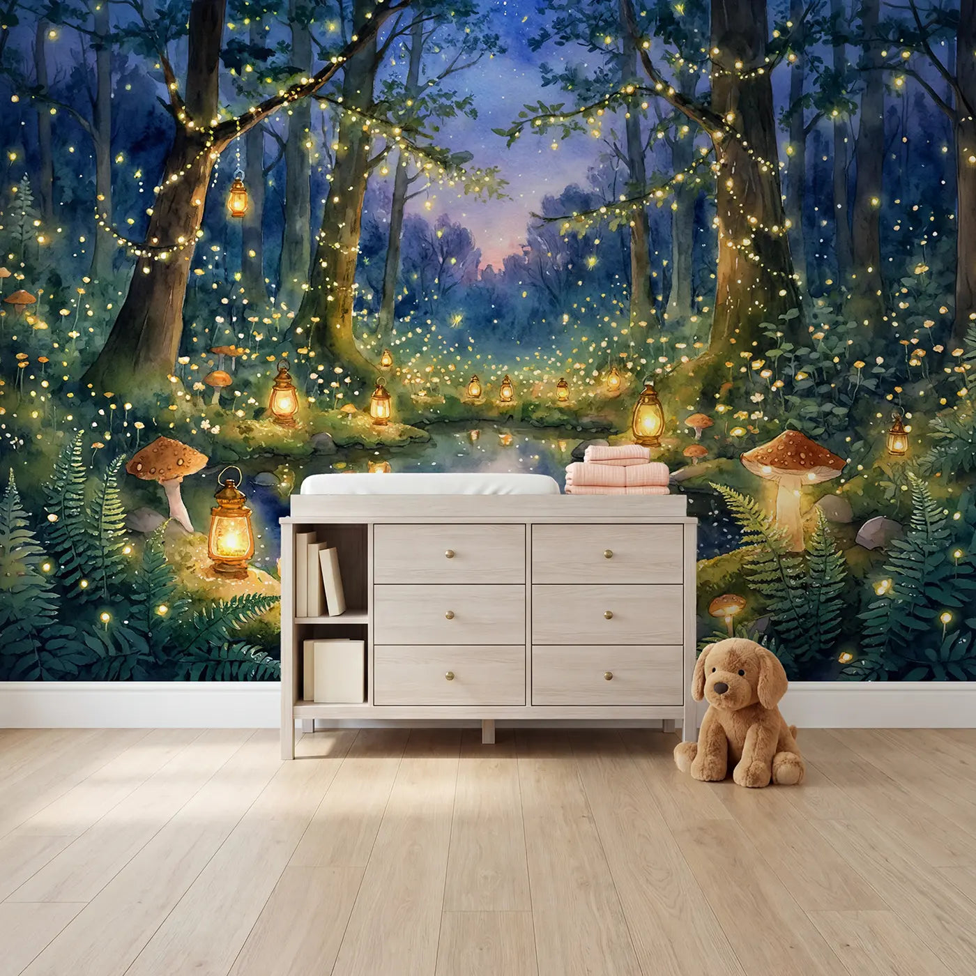 Watercolor fairy light glen toadstool pond wallpaper mural for girls room by Whimsy Tots
