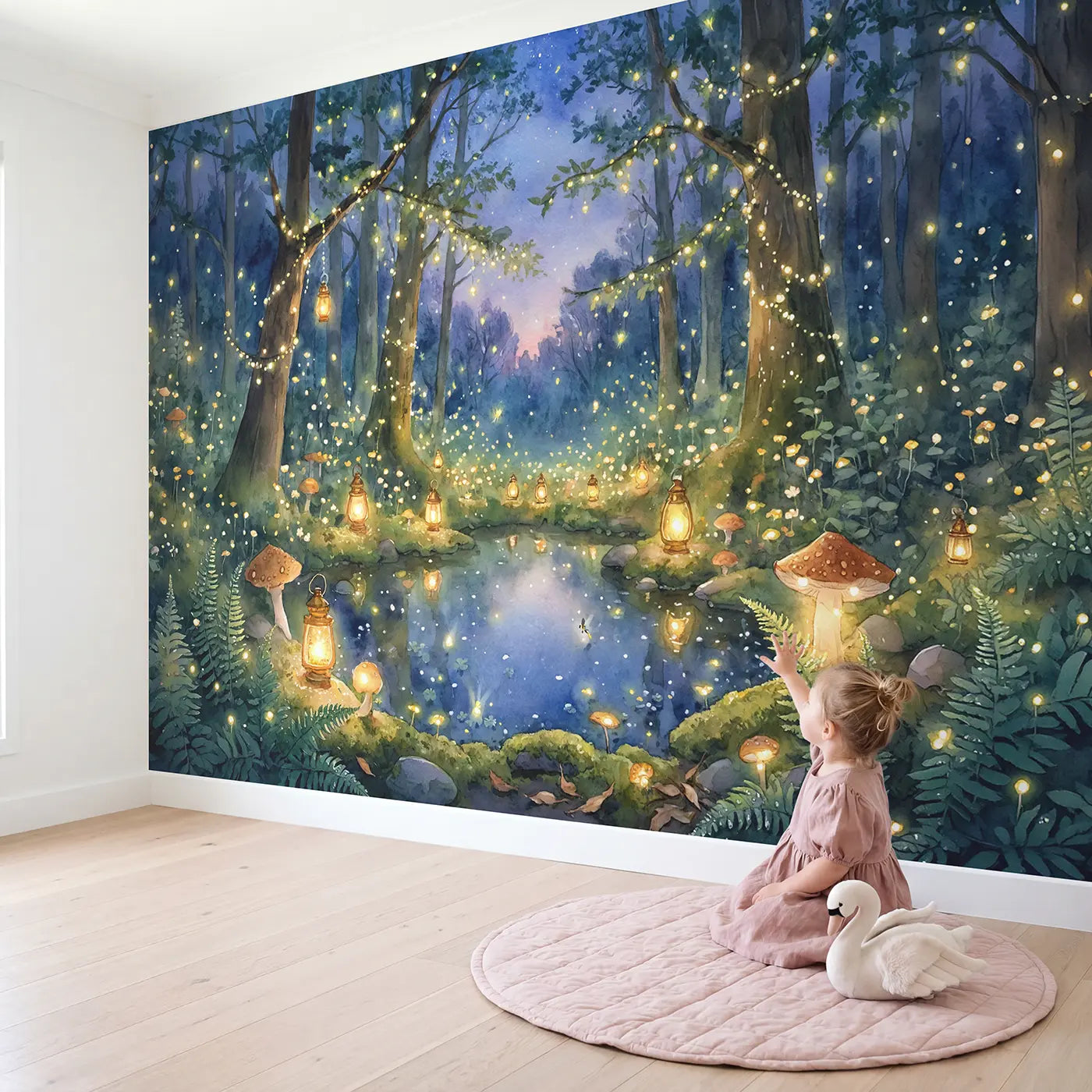 Child in nursery with Enchanted Fairy Light Glen Wallpaper Mural by Whimsy Tots