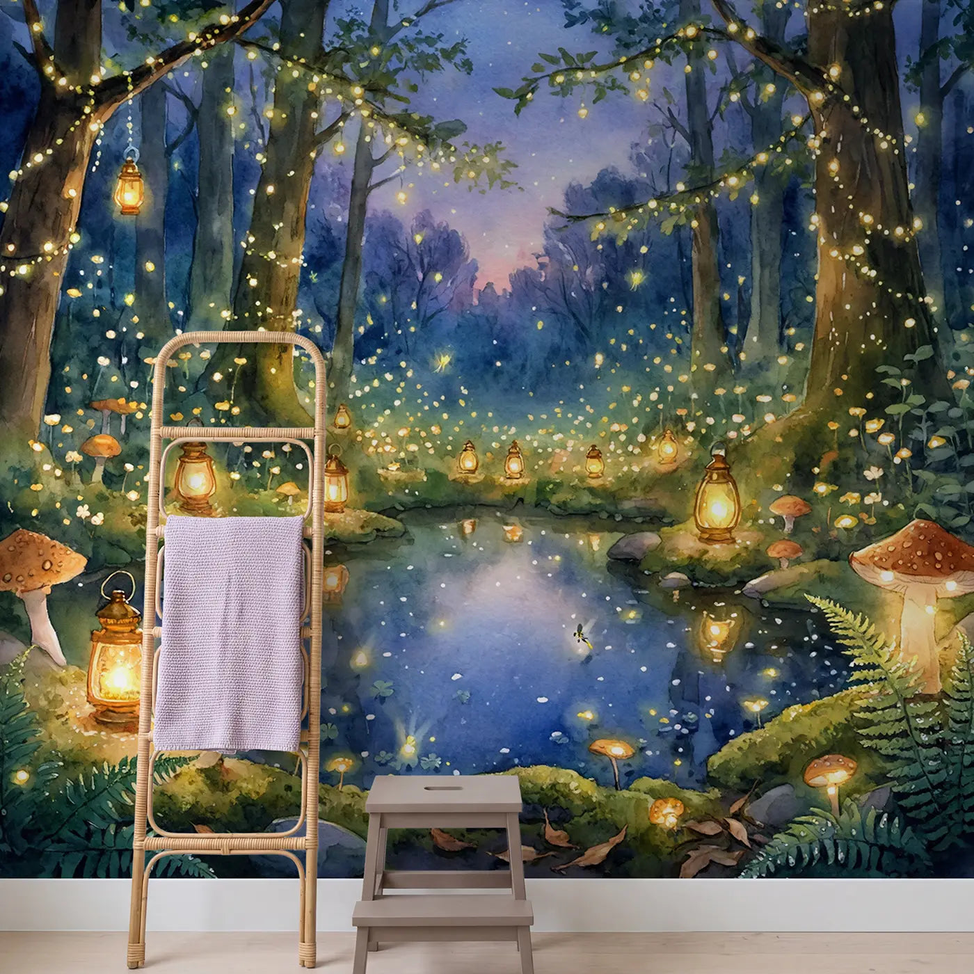 Enchanted Fairy Light Glen Wallpaper Mural in playroom setting by Whimsy Tots