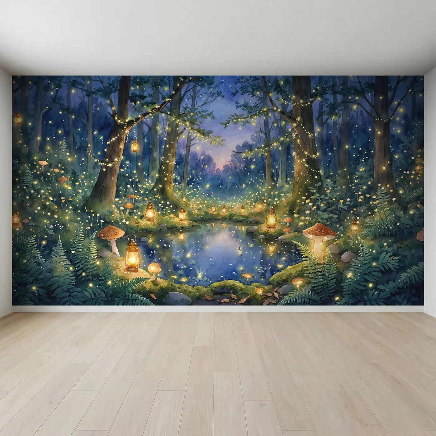 Full view of Enchanted Fairy Light Glen Wallpaper Mural by Whimsy Tots