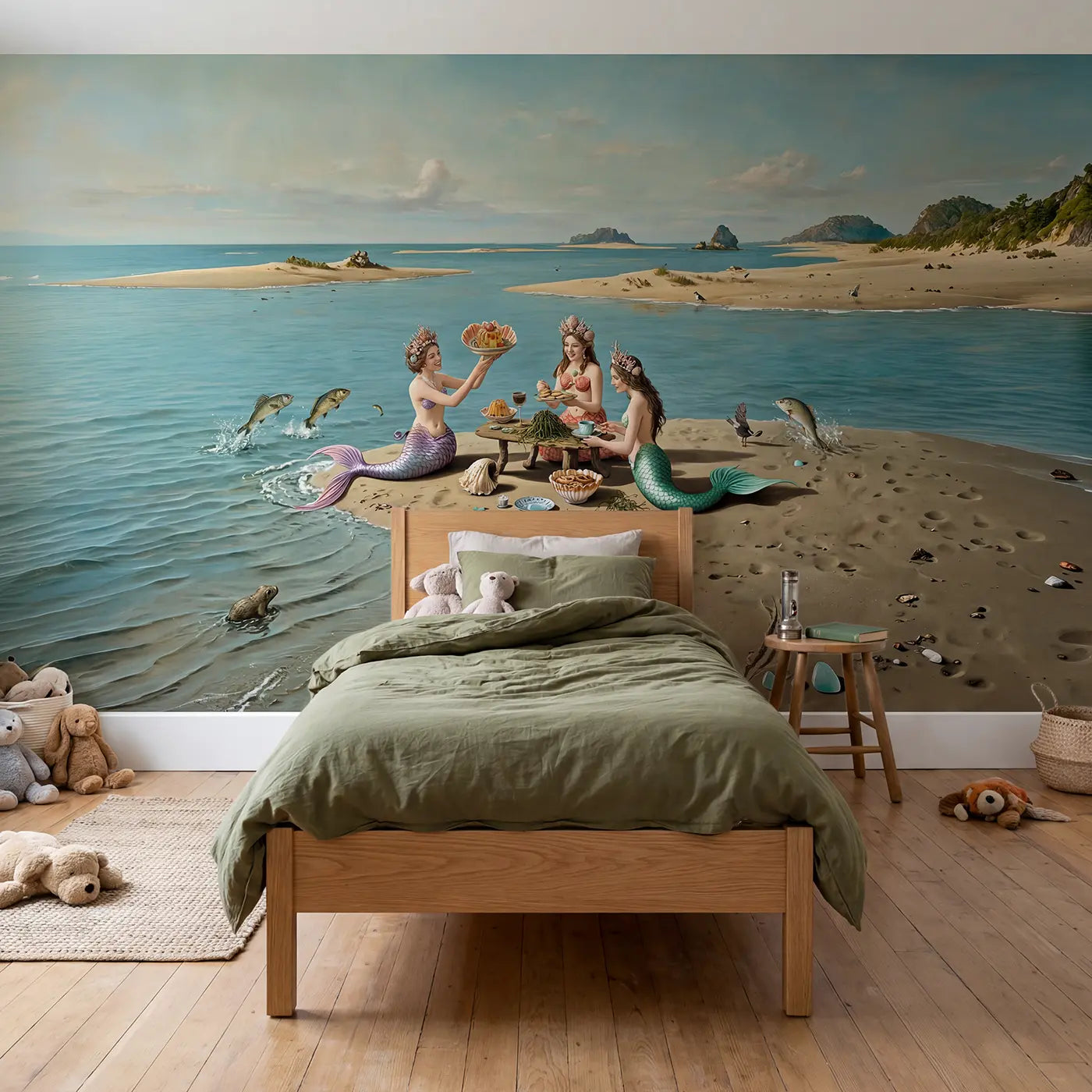 Botanical elegance mermaid sandbar tea party wallpaper mural for nursery by Whimsy Tots