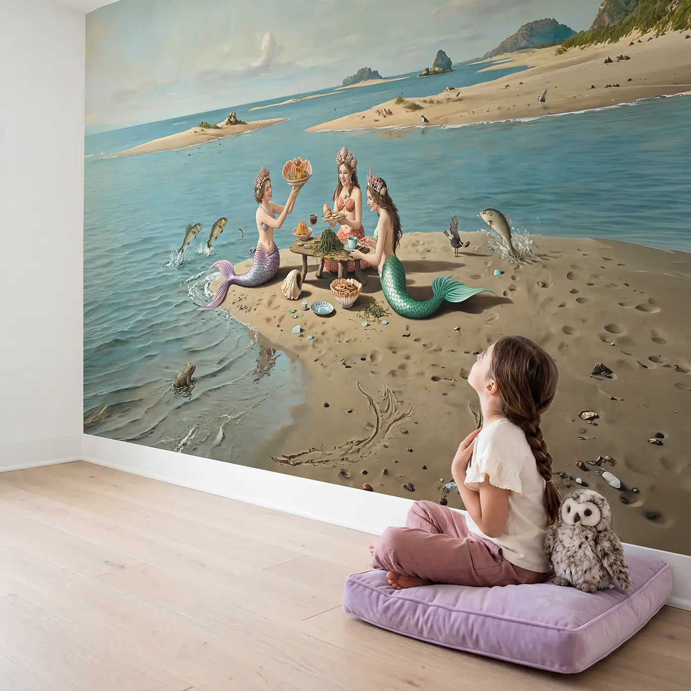 Child in nursery with Mermaid Sandbar Tea Party Wallpaper Mural by Whimsy Tots