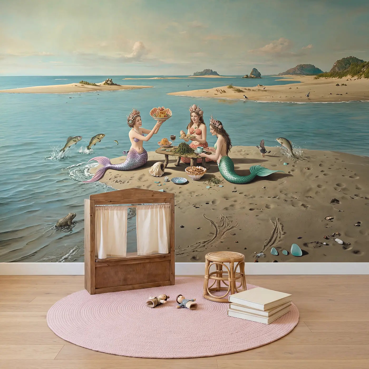 Mermaid Sandbar Tea Party Wallpaper Mural in playroom setting by Whimsy Tots