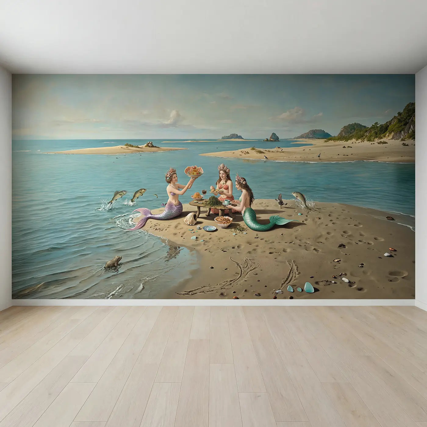 Full view of Mermaid Sandbar Tea Party Wallpaper Mural by Whimsy Tots