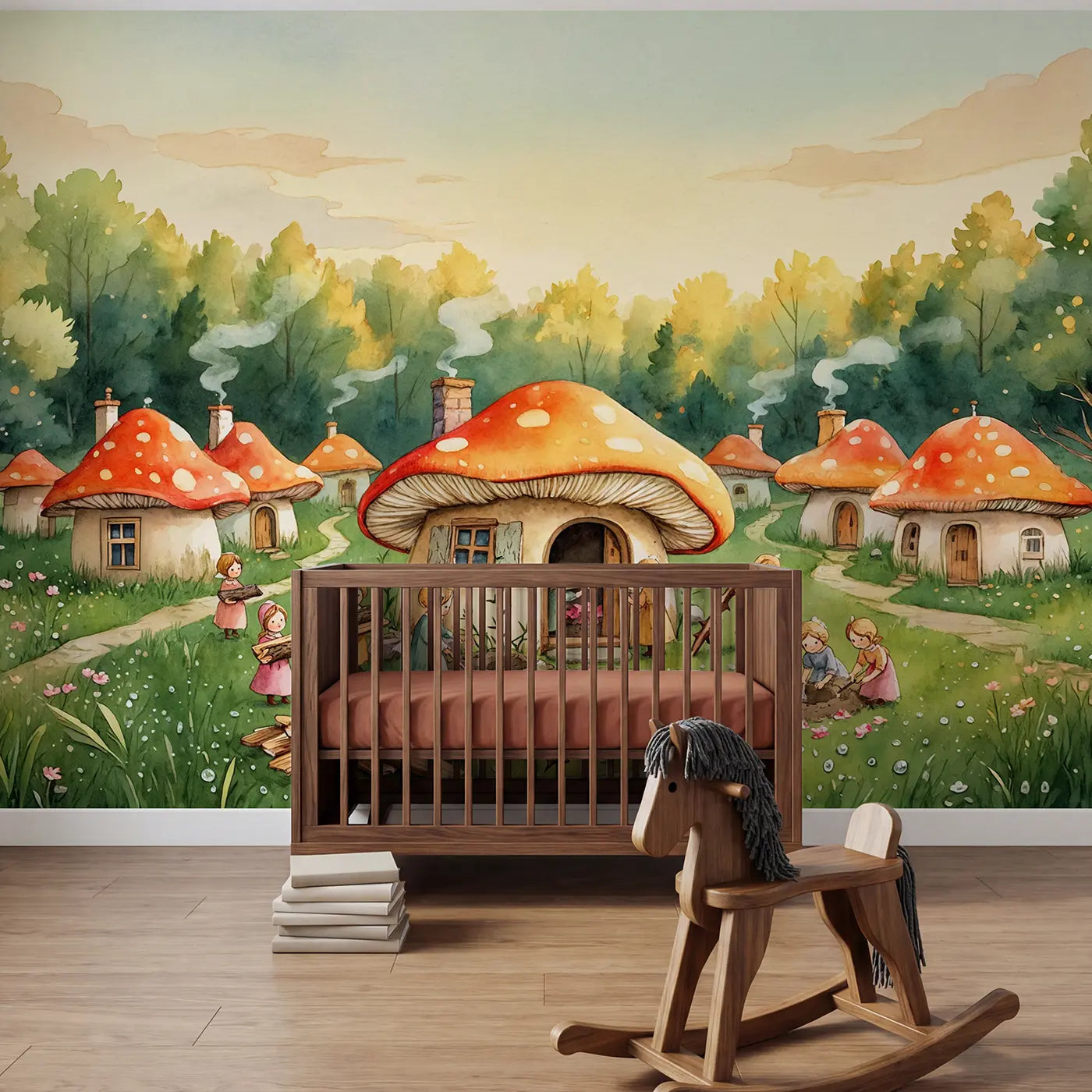 Watercolor fairy toadstool building wallpaper mural for kids room by Whimsy Tots