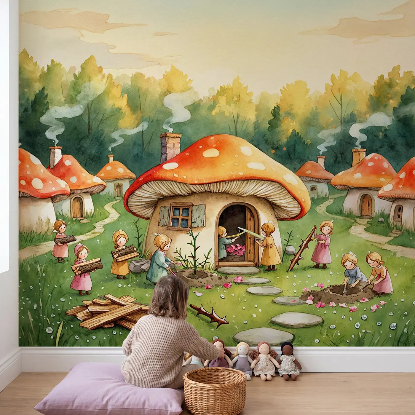 Child in nursery with Fairy Toadstool Builders Wallpaper Mural by Whimsy Tots