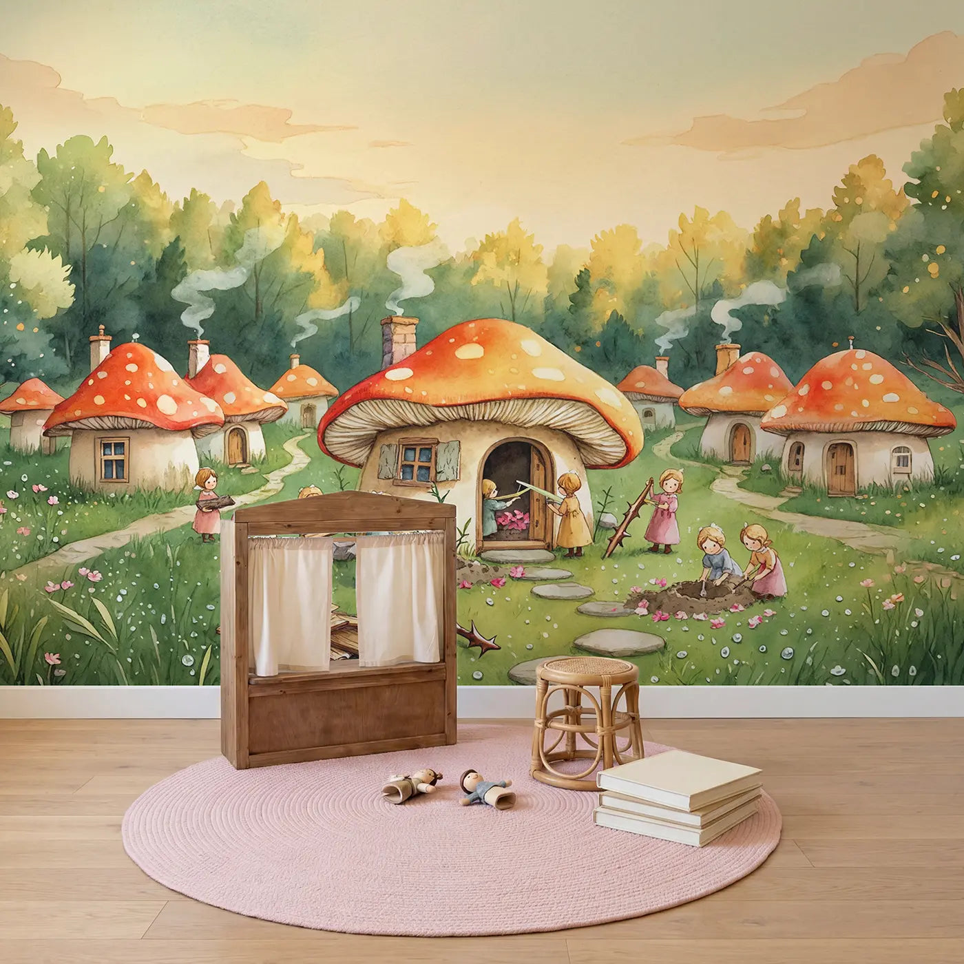 Fairy Toadstool Builders Wallpaper Mural in playroom setting by Whimsy Tots