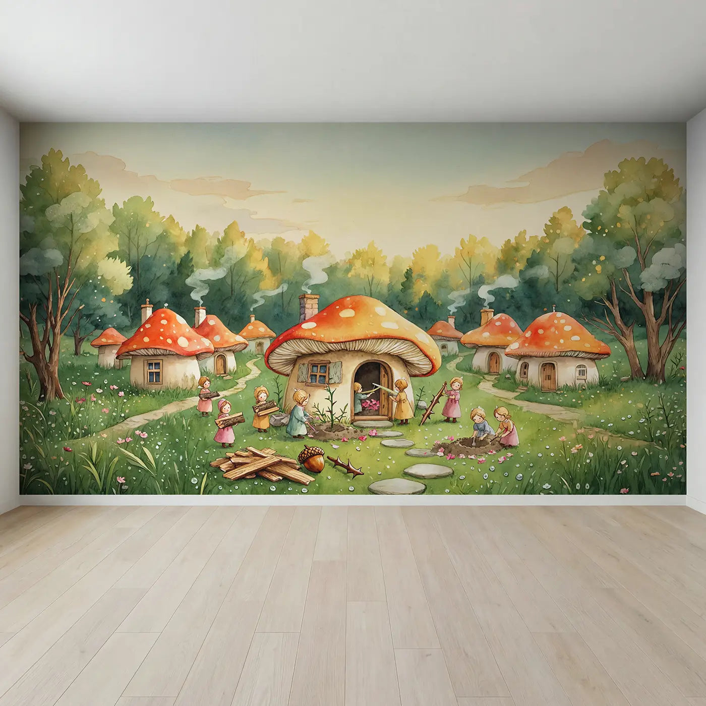 Full view of Fairy Toadstool Builders Wallpaper Mural by Whimsy Tots