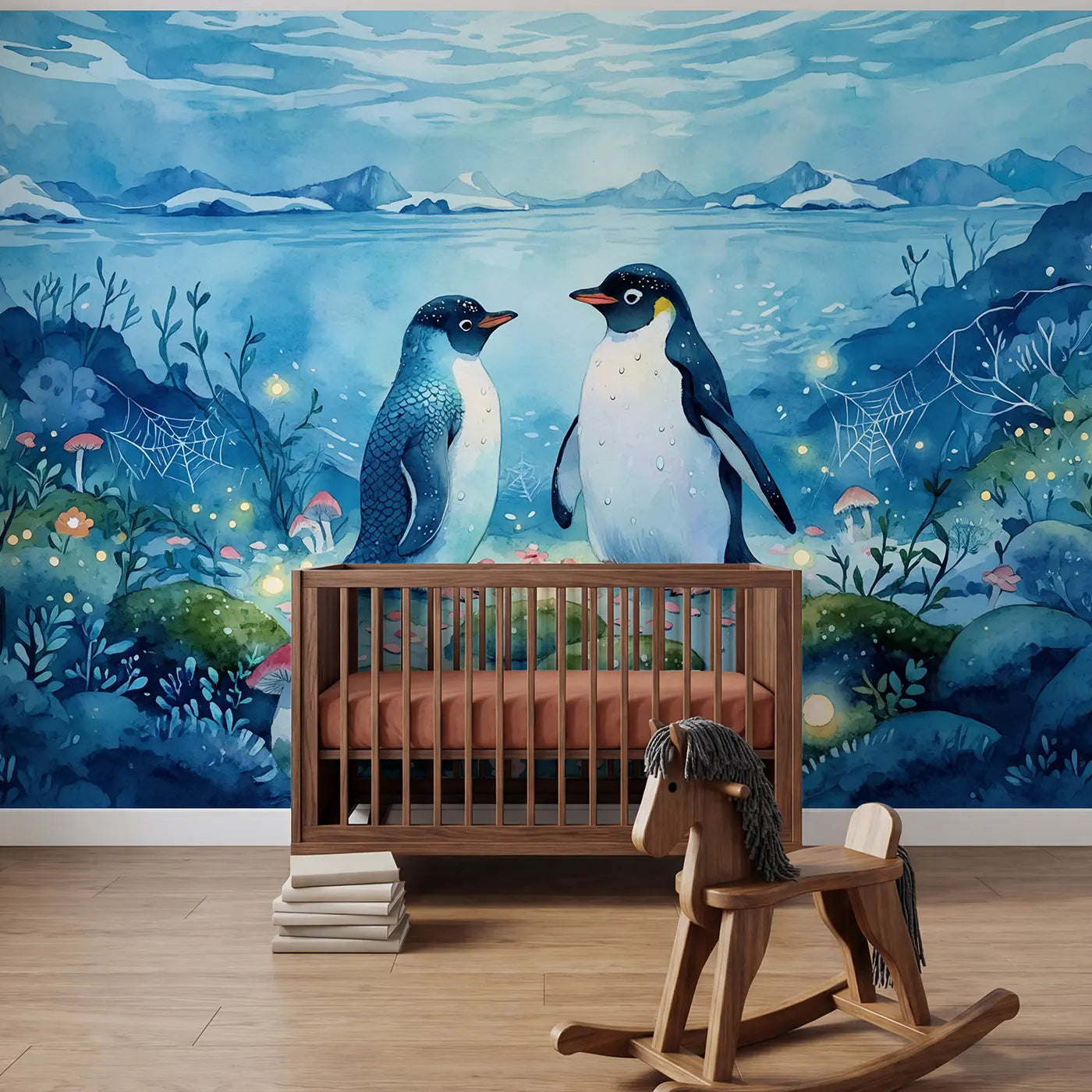 Watercolor mermaid penguin shoreline wallpaper mural for nursery by Whimsy Tots