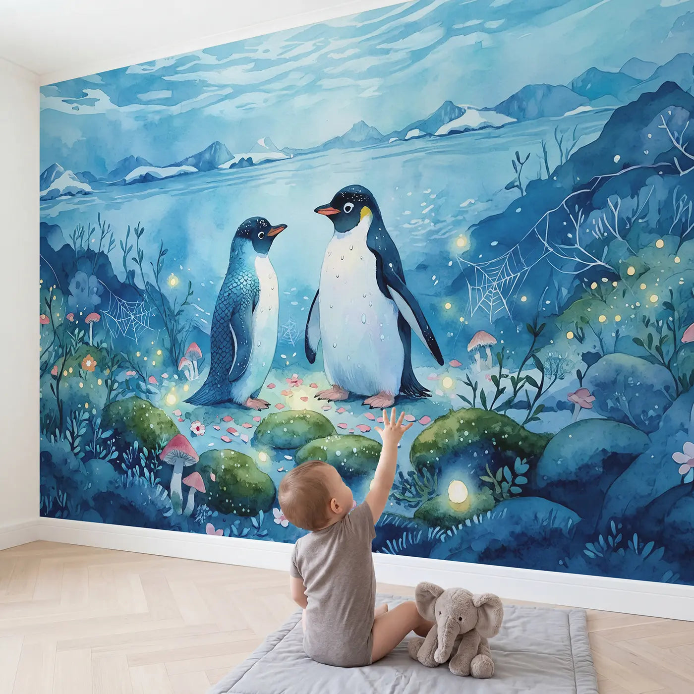 Child in nursery with Mermaid Penguin Unlikely Friendship Wallpaper Mural by Whimsy Tots