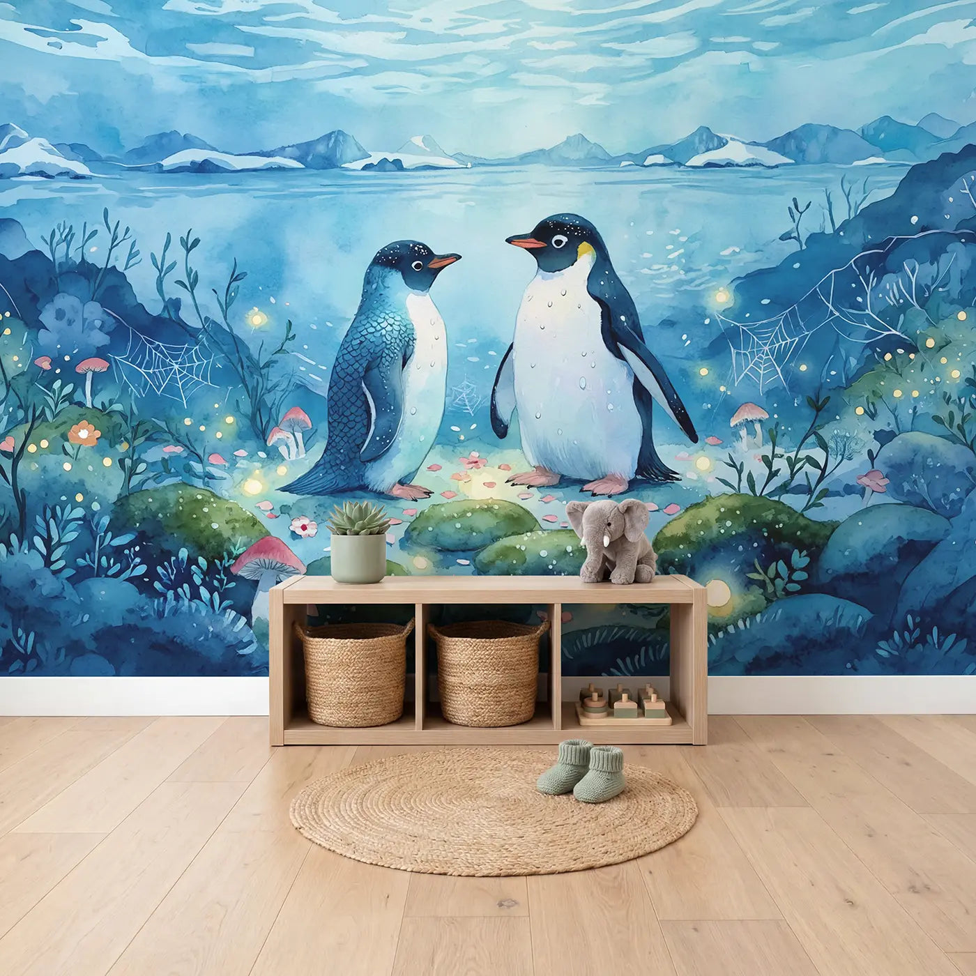 Mermaid Penguin Unlikely Friendship Wallpaper Mural in playroom setting by Whimsy Tots