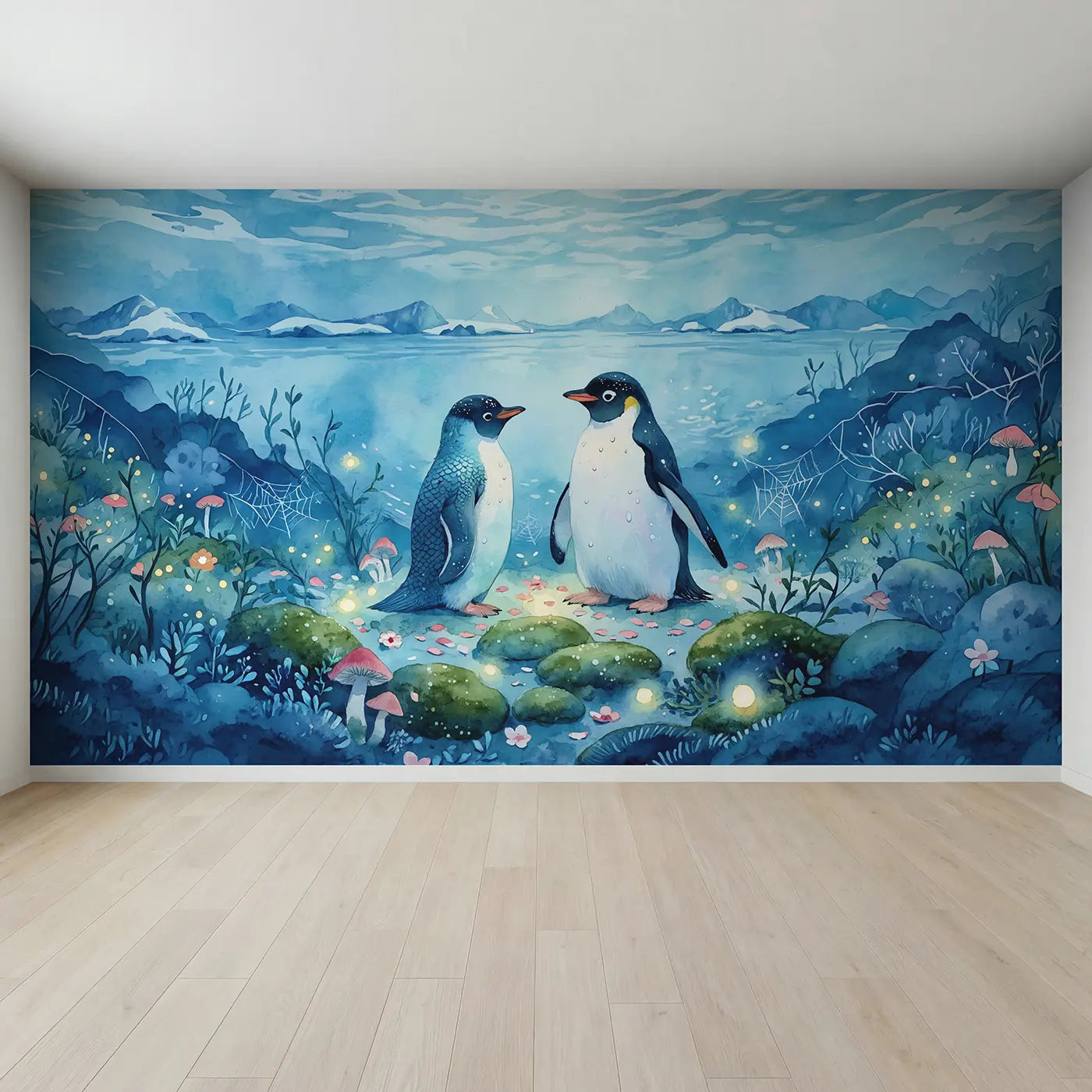 Full view of Mermaid Penguin Unlikely Friendship Wallpaper Mural by Whimsy Tots