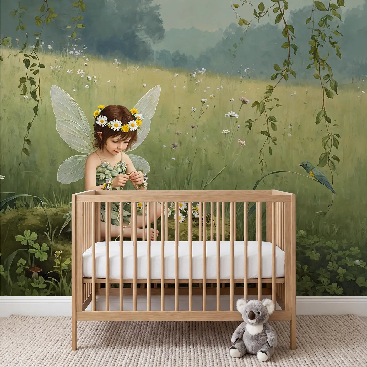 Botanical Elegance fairy daisy crown meadow wallpaper mural for nursery by Whimsy Tots