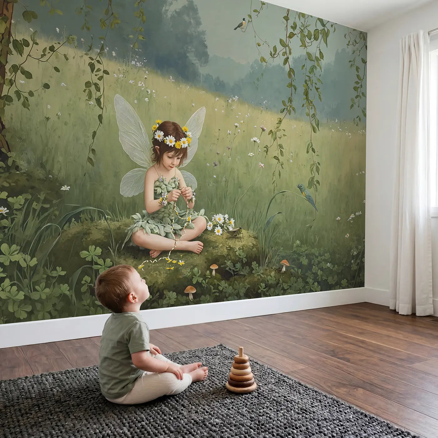 Child in nursery with Fairy Daisy Crown Meadow Wallpaper Mural by Whimsy Tots