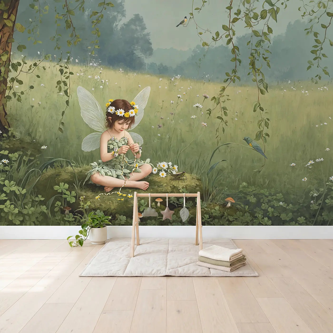 Fairy Daisy Crown Meadow Wallpaper Mural in playroom setting by Whimsy Tots