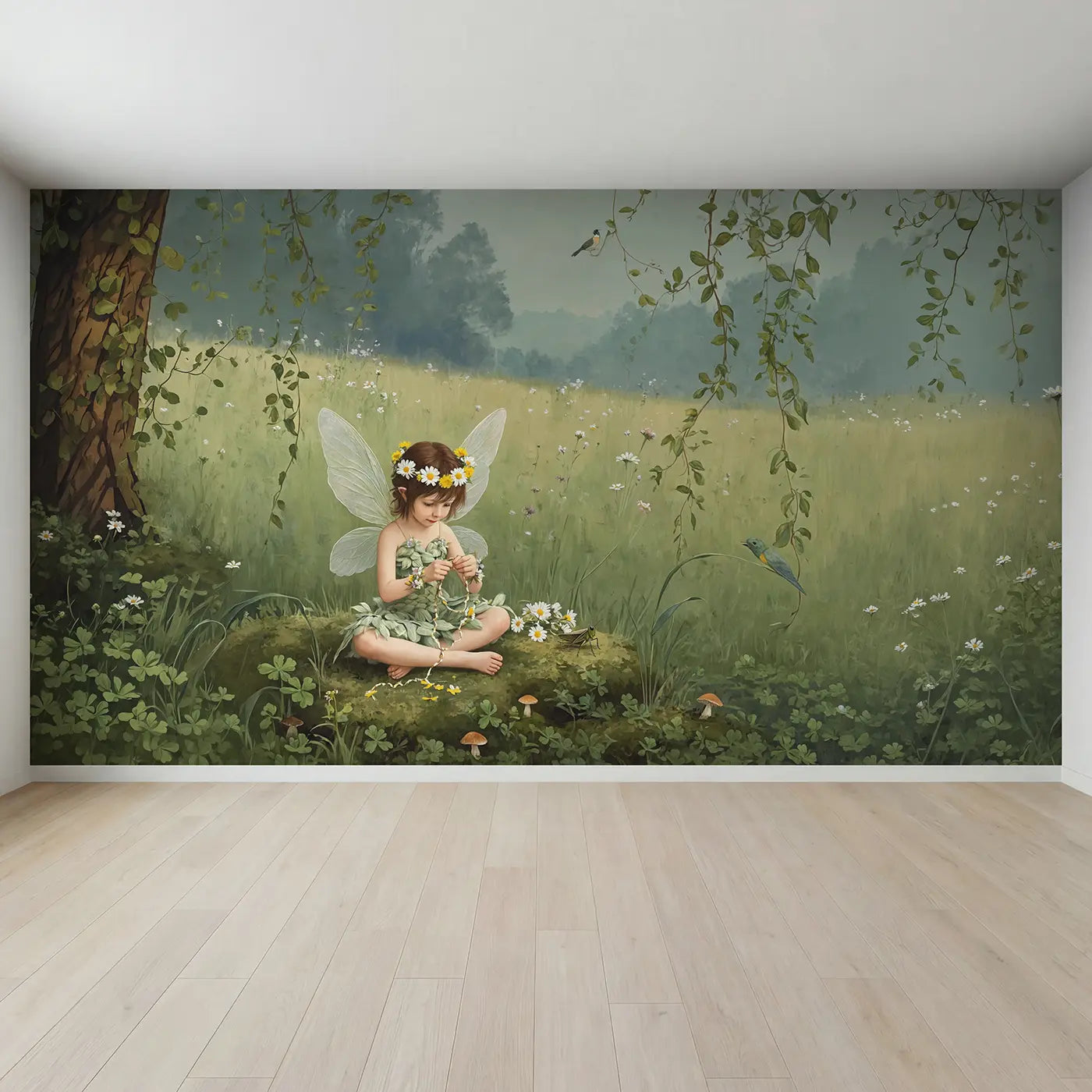 Full view of Fairy Daisy Crown Meadow Wallpaper Mural by Whimsy Tots