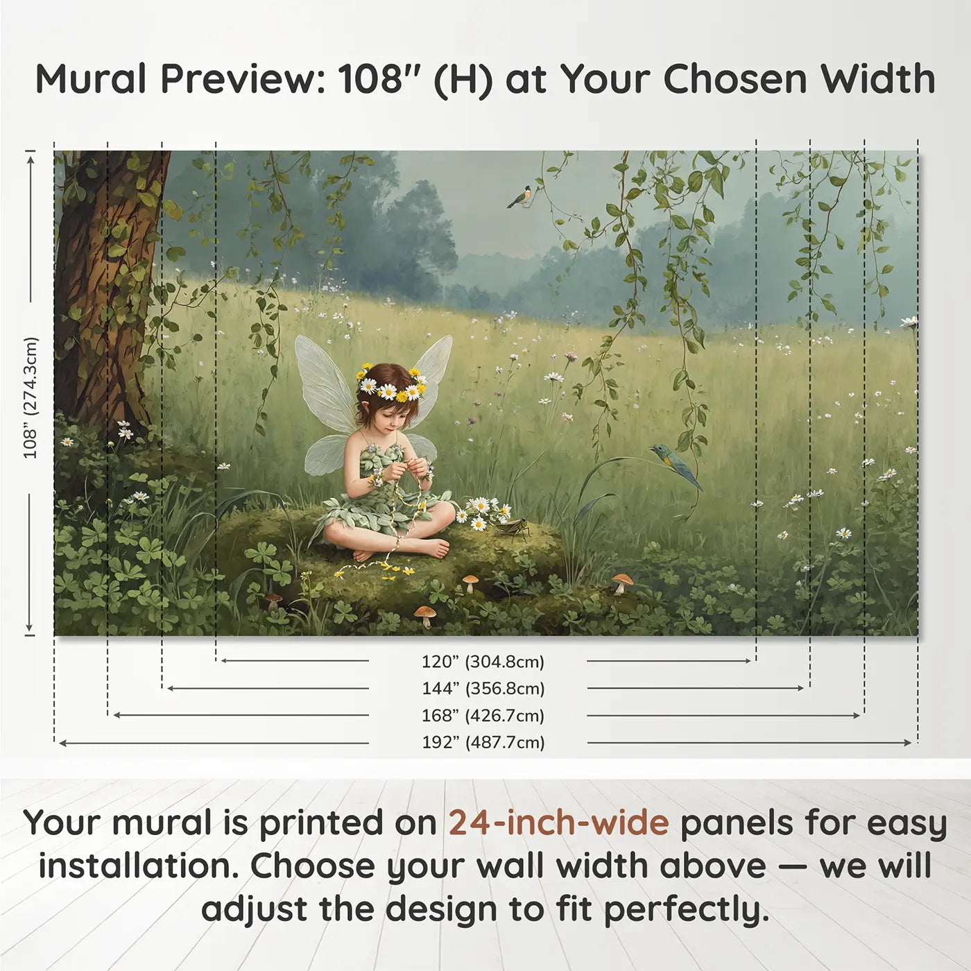 Panel layout and dimensions for Fairy Daisy Crown Meadow Wallpaper Mural by Whimsy Tots