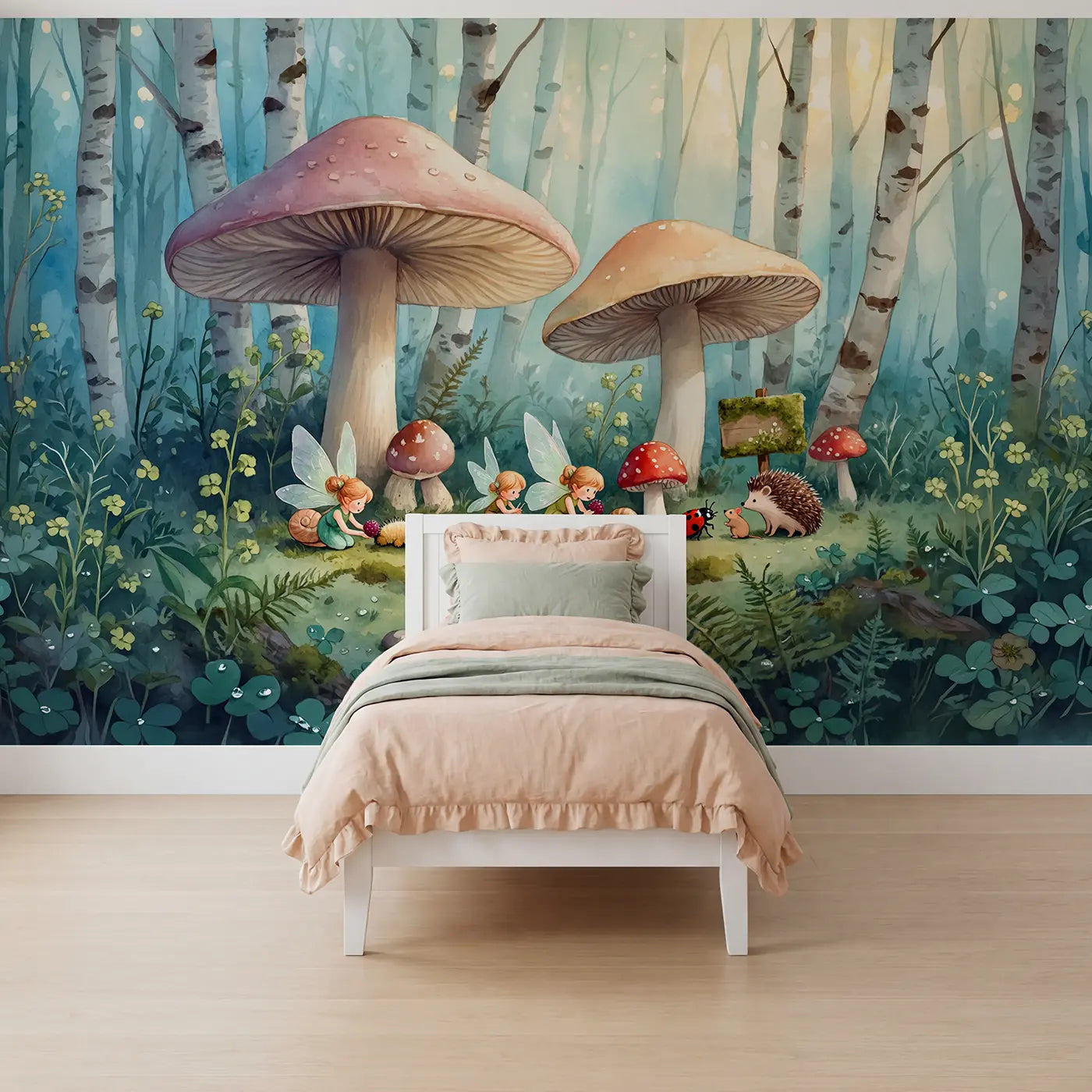 Watercolor fairy woodland pond wallpaper mural for girls room by Whimsy Tots
