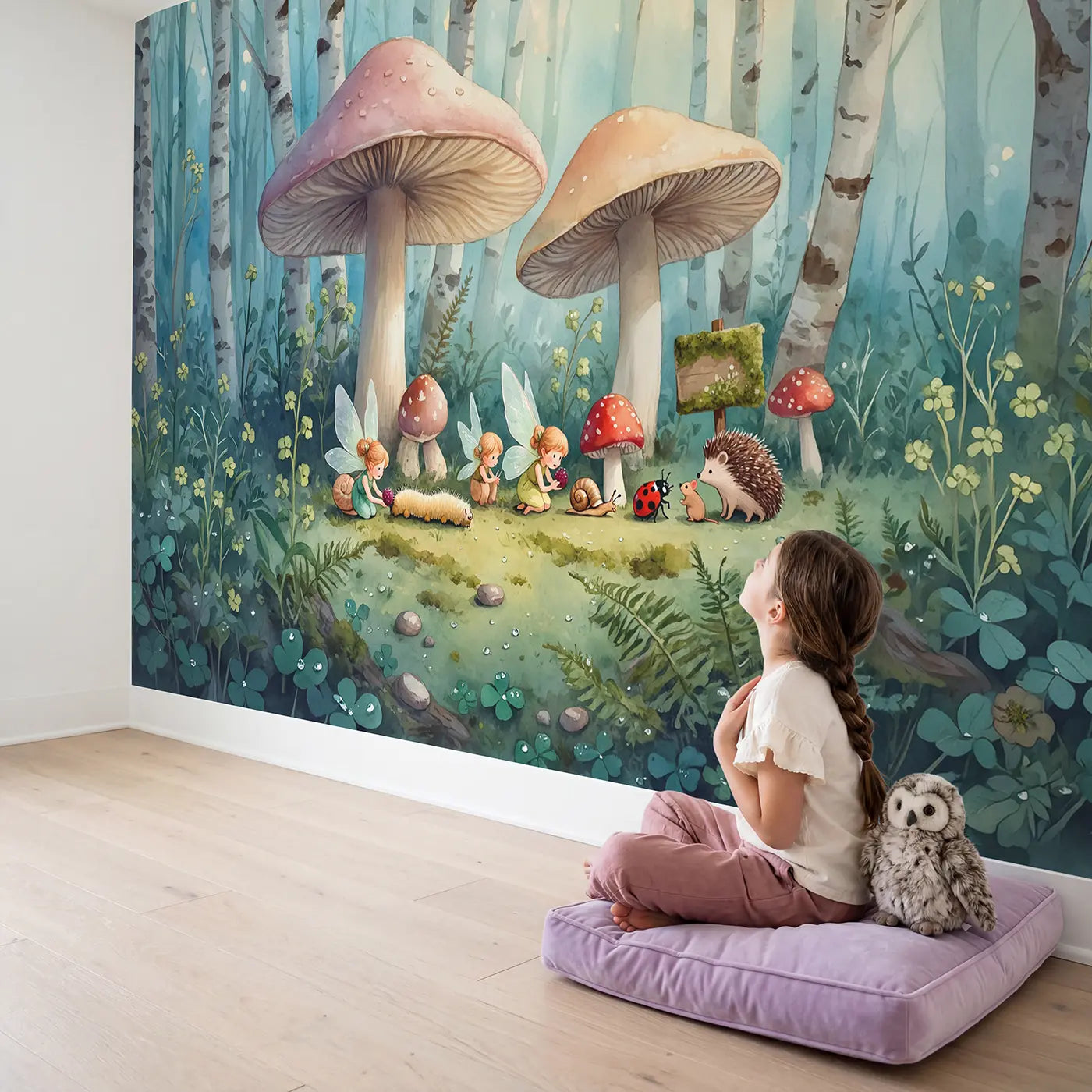 Child in nursery with Fairy Woodland Adoption Day Wallpaper Mural by Whimsy Tots
