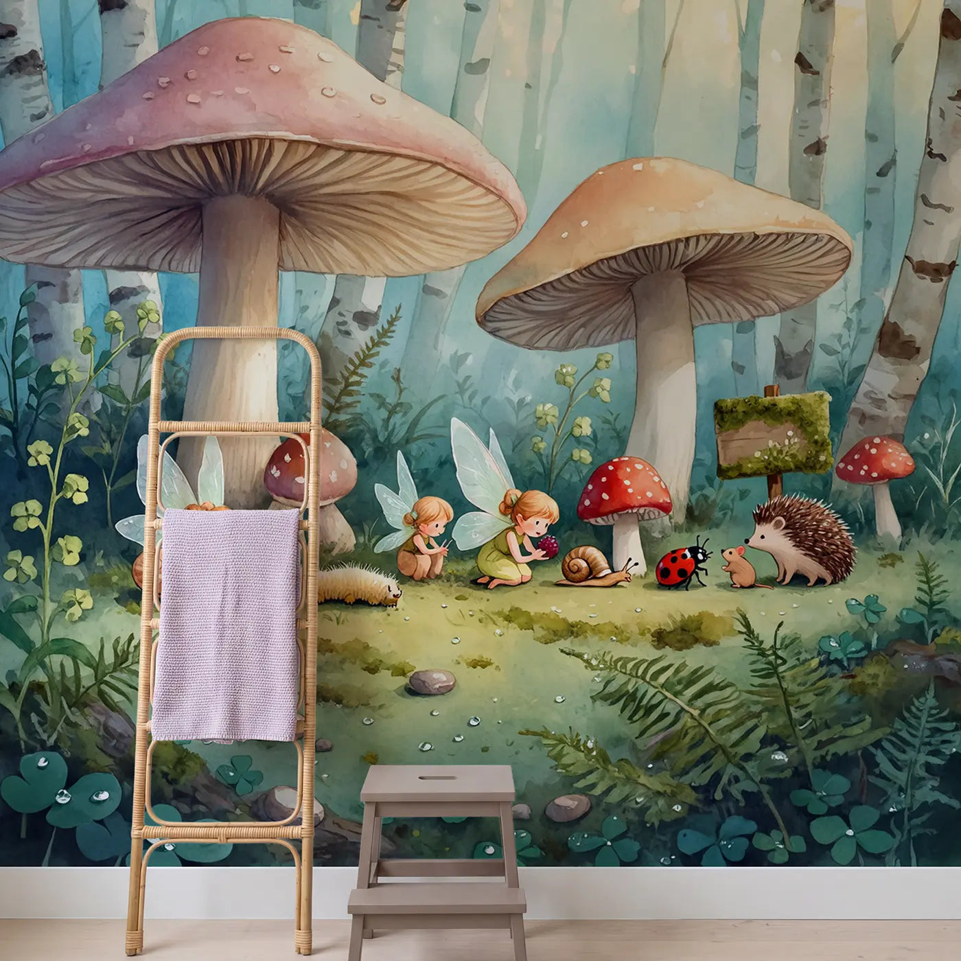 Fairy Woodland Adoption Day Wallpaper Mural in playroom setting by Whimsy Tots