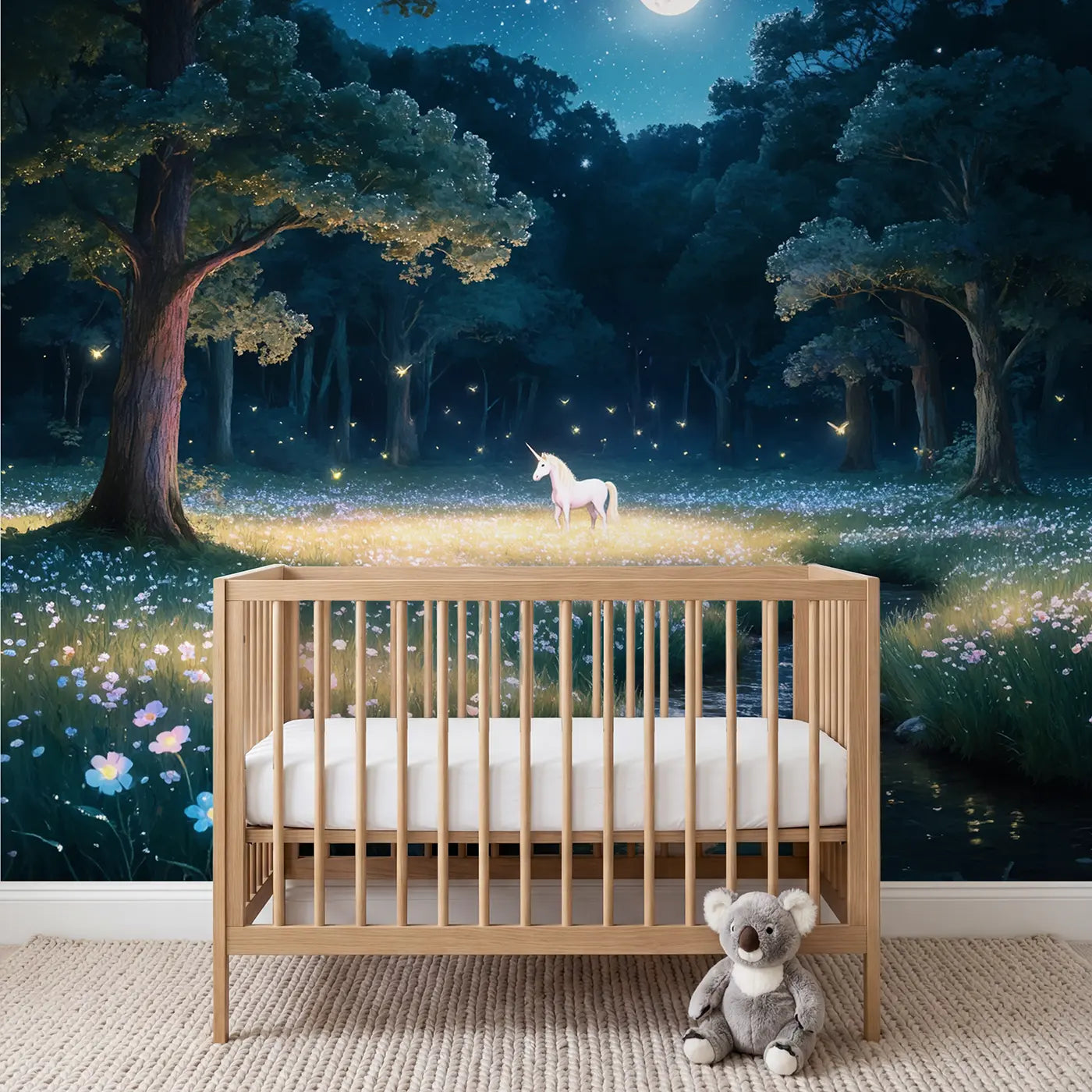 Soft pastel unicorn mythical wallpaper mural for kids room by Whimsy Tots