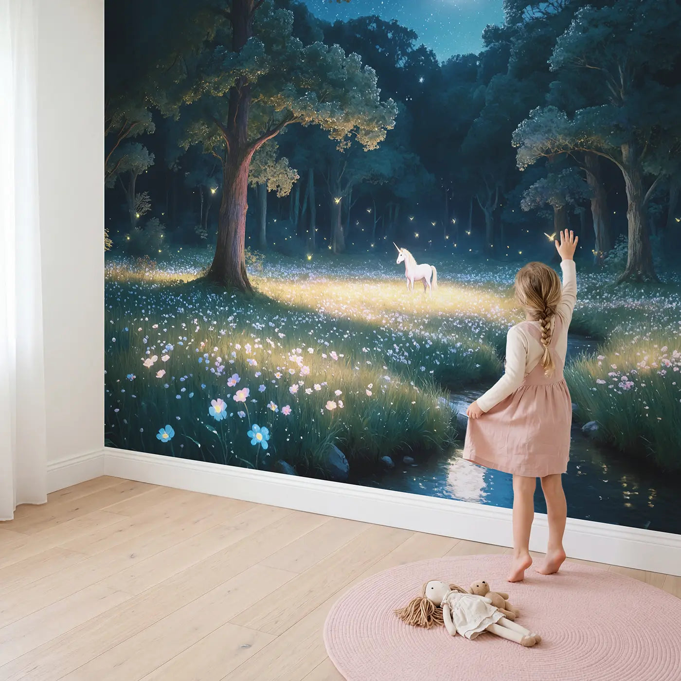Child in nursery with Moonlit Unicorn Clearing Wallpaper Mural by Whimsy Tots
