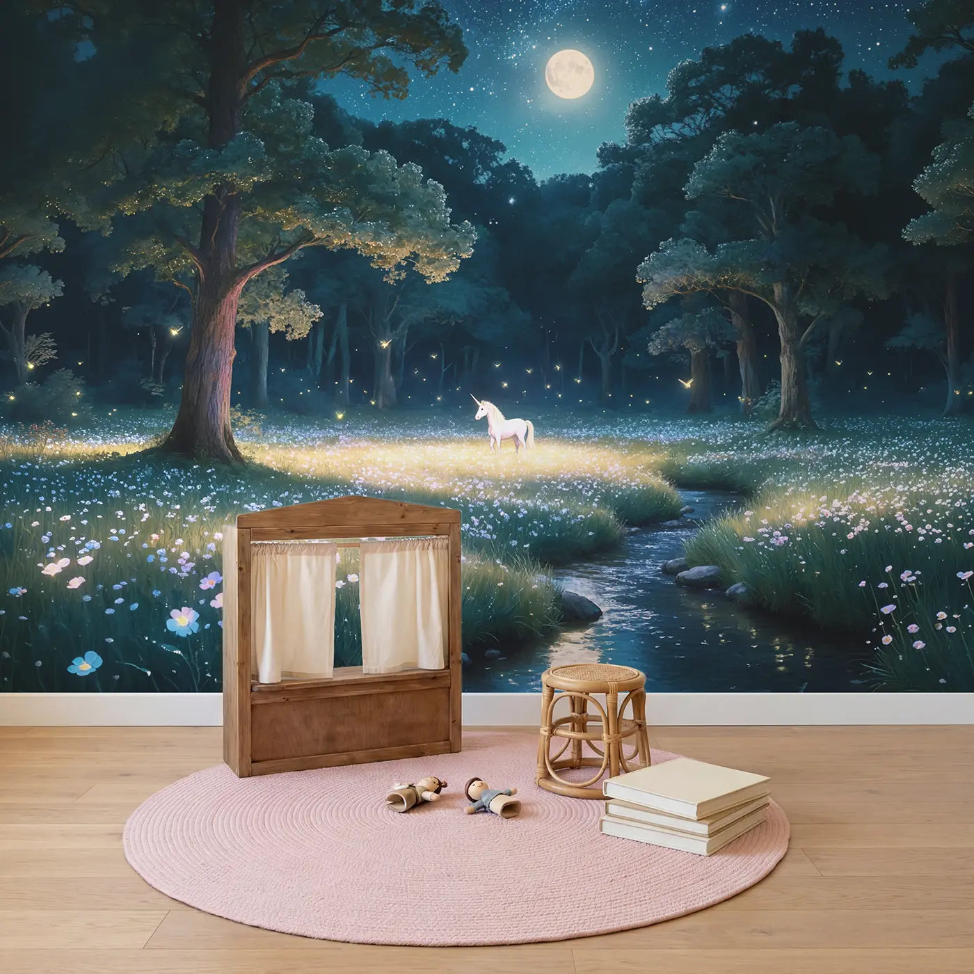 Moonlit Unicorn Clearing Wallpaper Mural in playroom setting by Whimsy Tots
