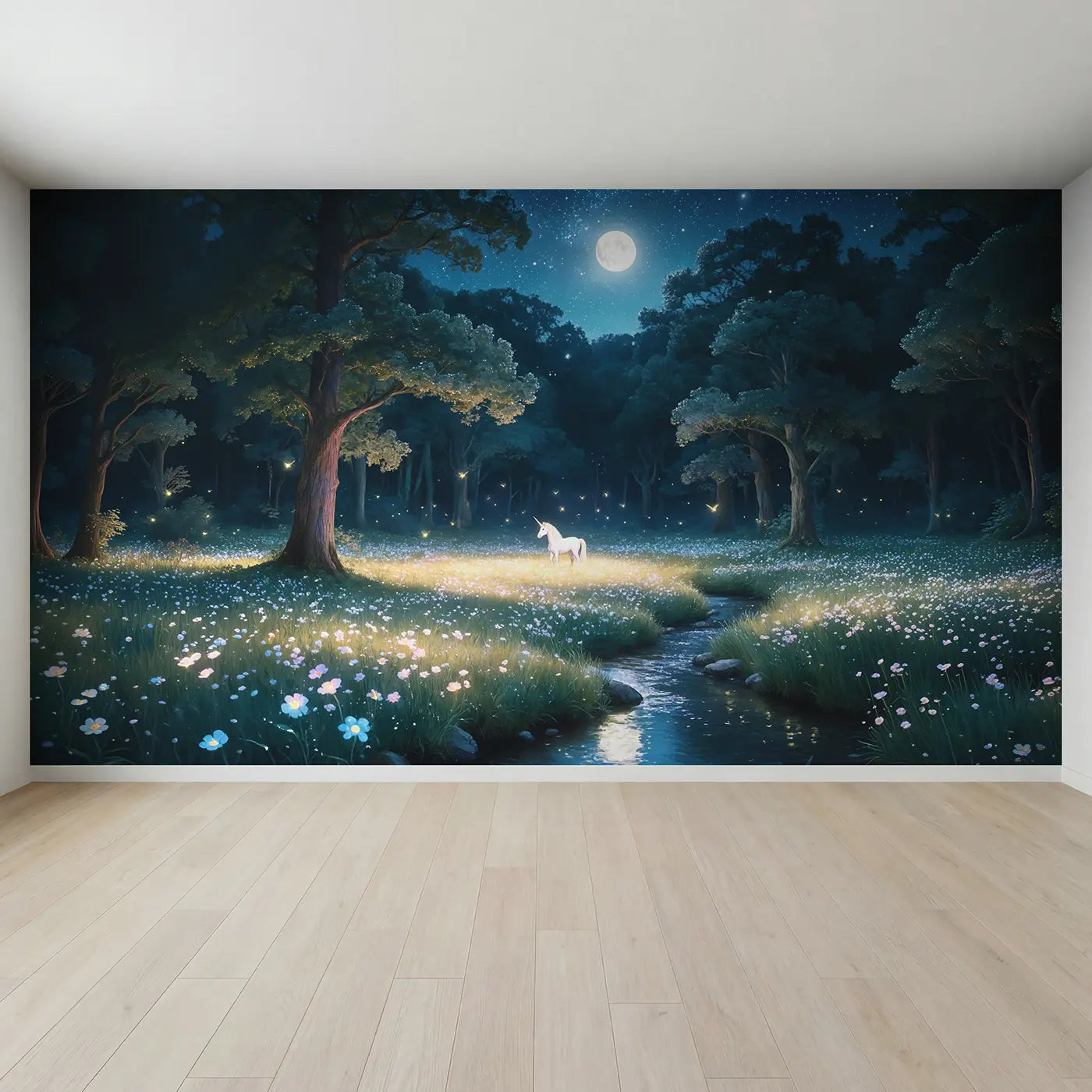 Full view of Moonlit Unicorn Clearing Wallpaper Mural by Whimsy Tots