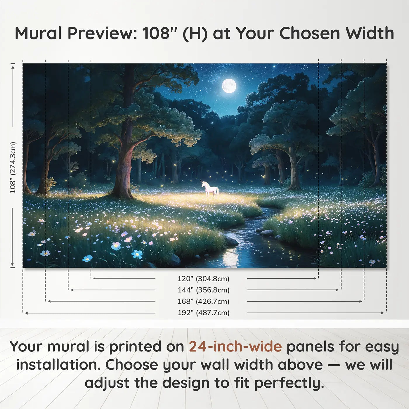 Panel layout and dimensions for Moonlit Unicorn Clearing Wallpaper Mural by Whimsy Tots