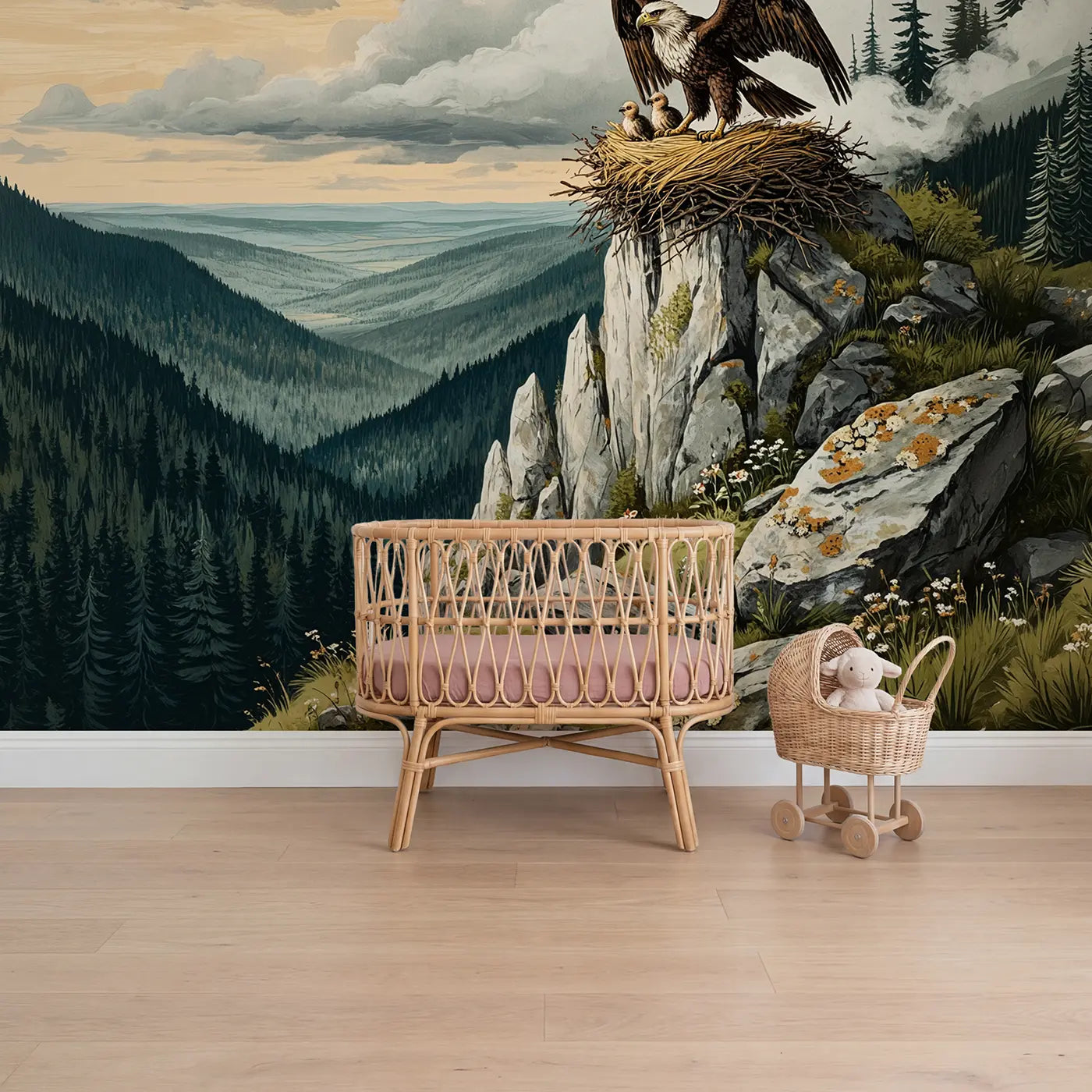 Block Print mountain griffin nest wallpaper mural for girls room by Whimsy Tots