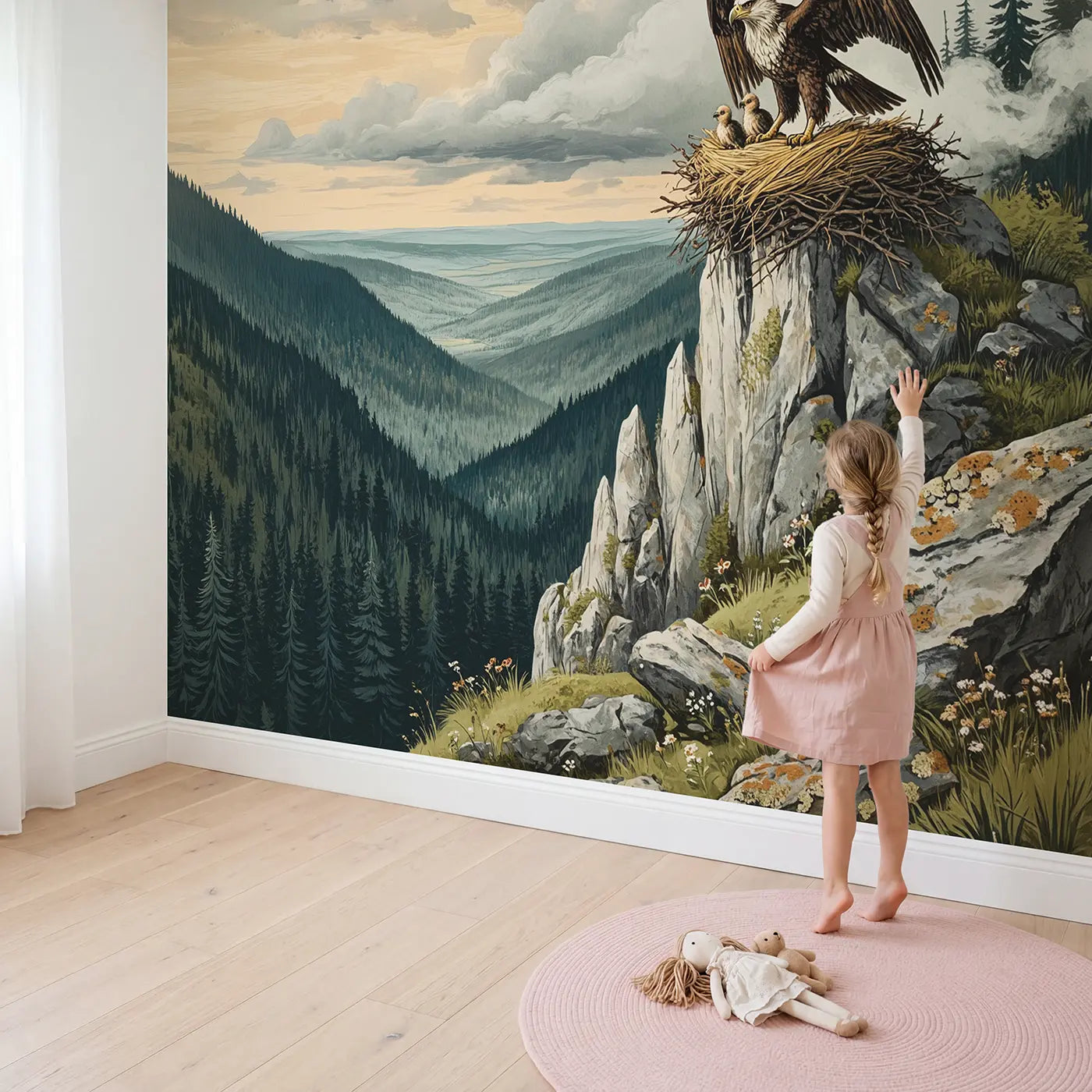 Child in nursery with Mountain Griffin Nest Wallpaper Mural by Whimsy Tots