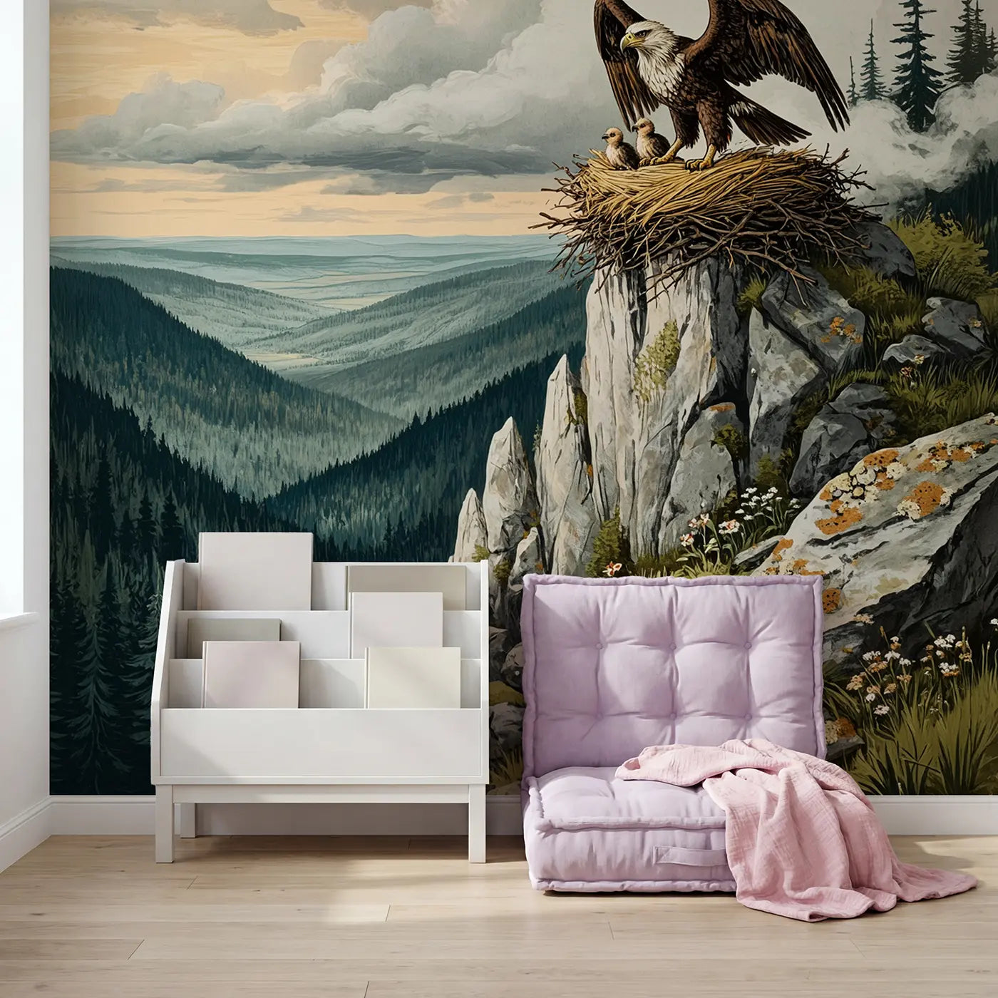 Mountain Griffin Nest Wallpaper Mural in playroom setting by Whimsy Tots