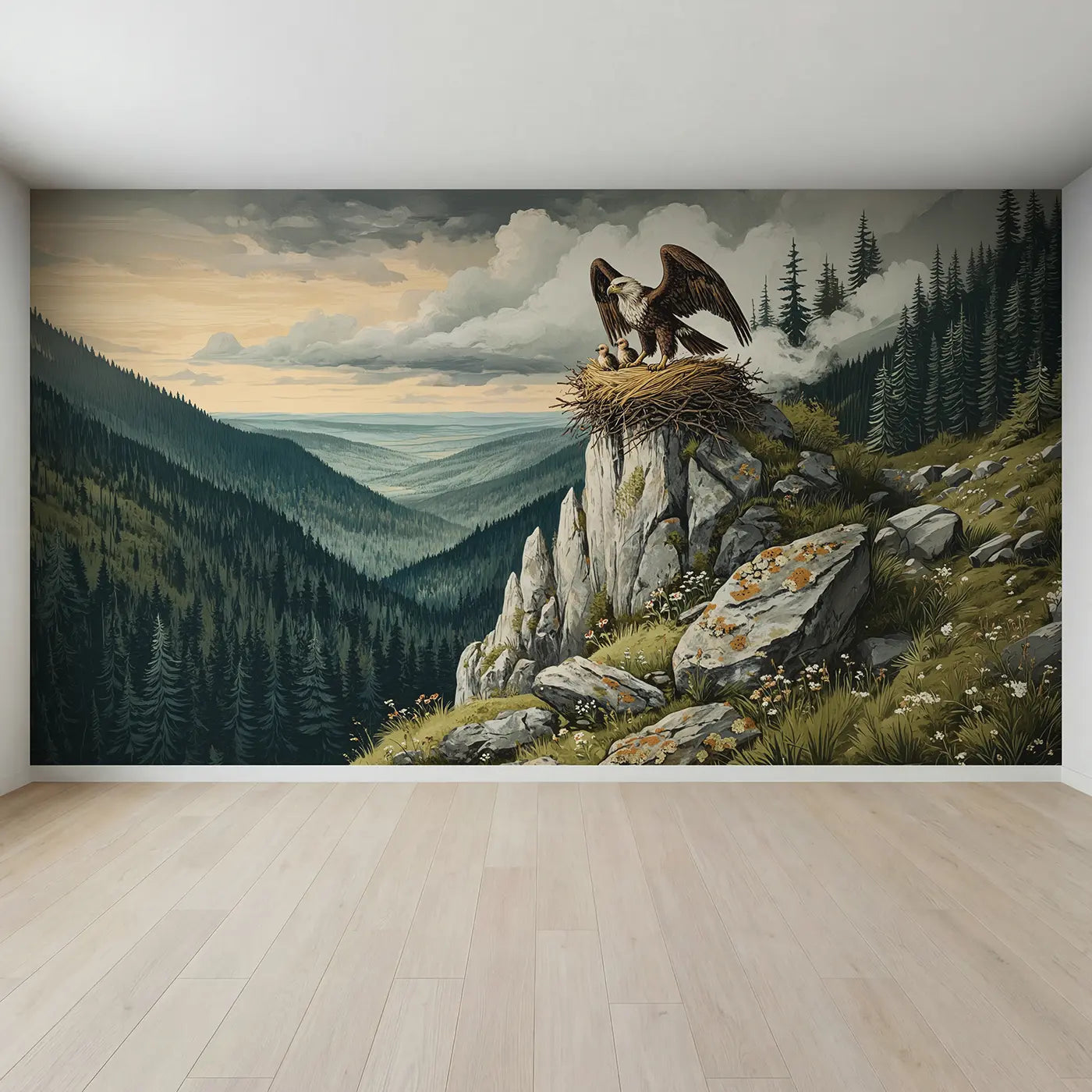 Full view of Mountain Griffin Nest Wallpaper Mural by Whimsy Tots