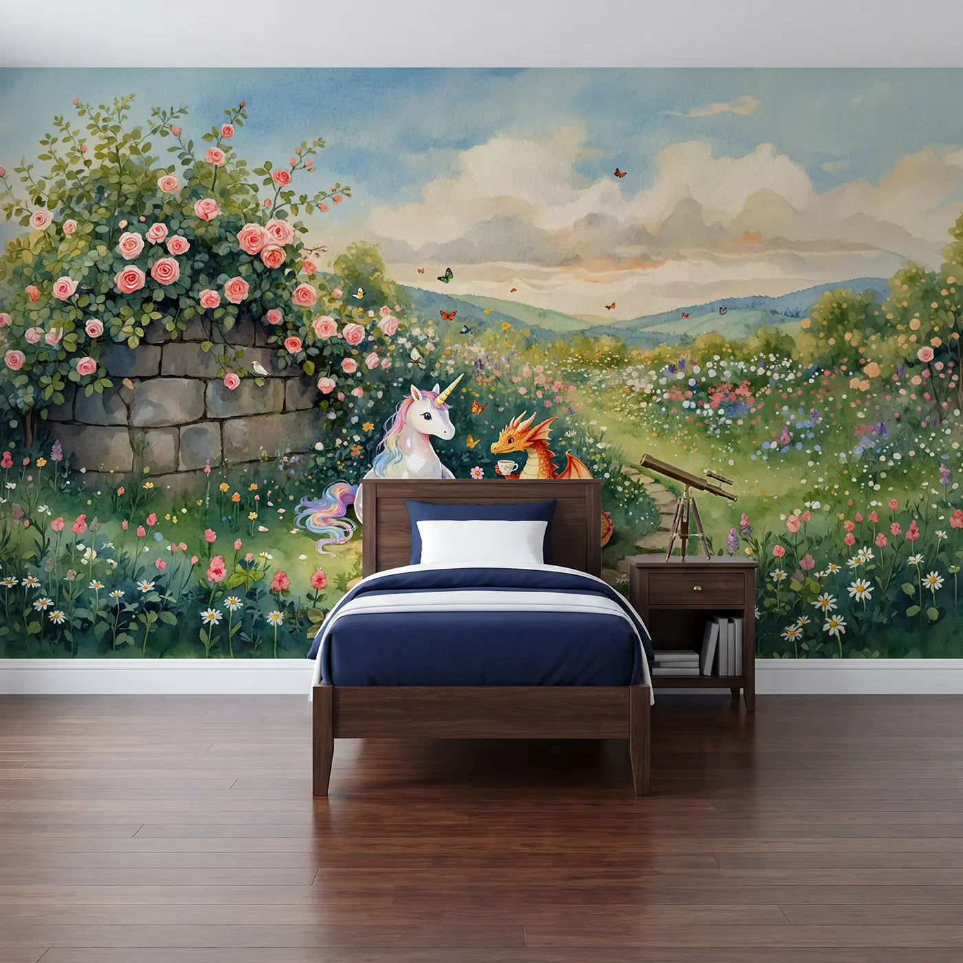 watercolor unicorn dragon tea party garden wallpaper mural for kids room by Whimsy Tots