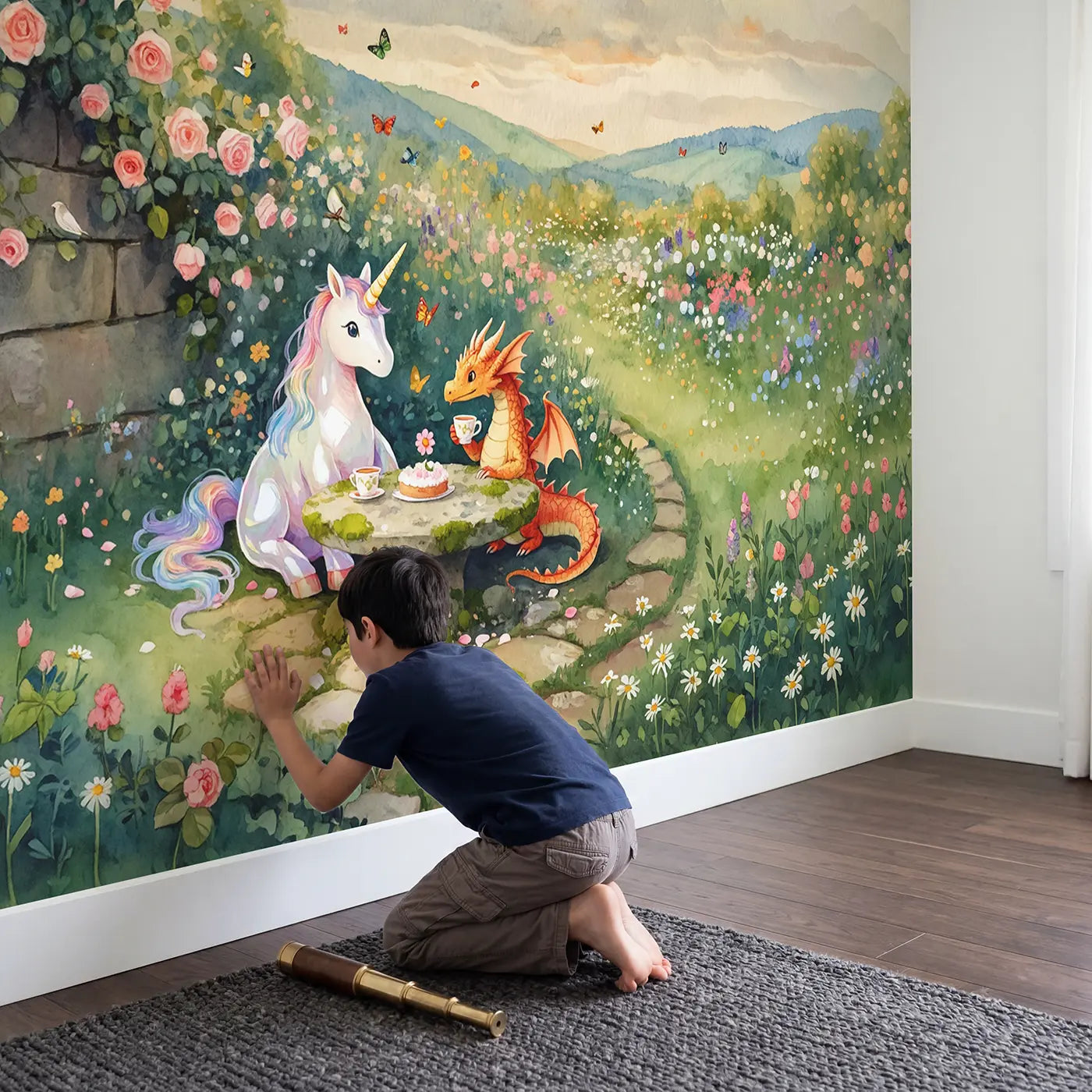 Child in nursery with Unicorn and Dragon Tea Party Wallpaper Mural by Whimsy Tots