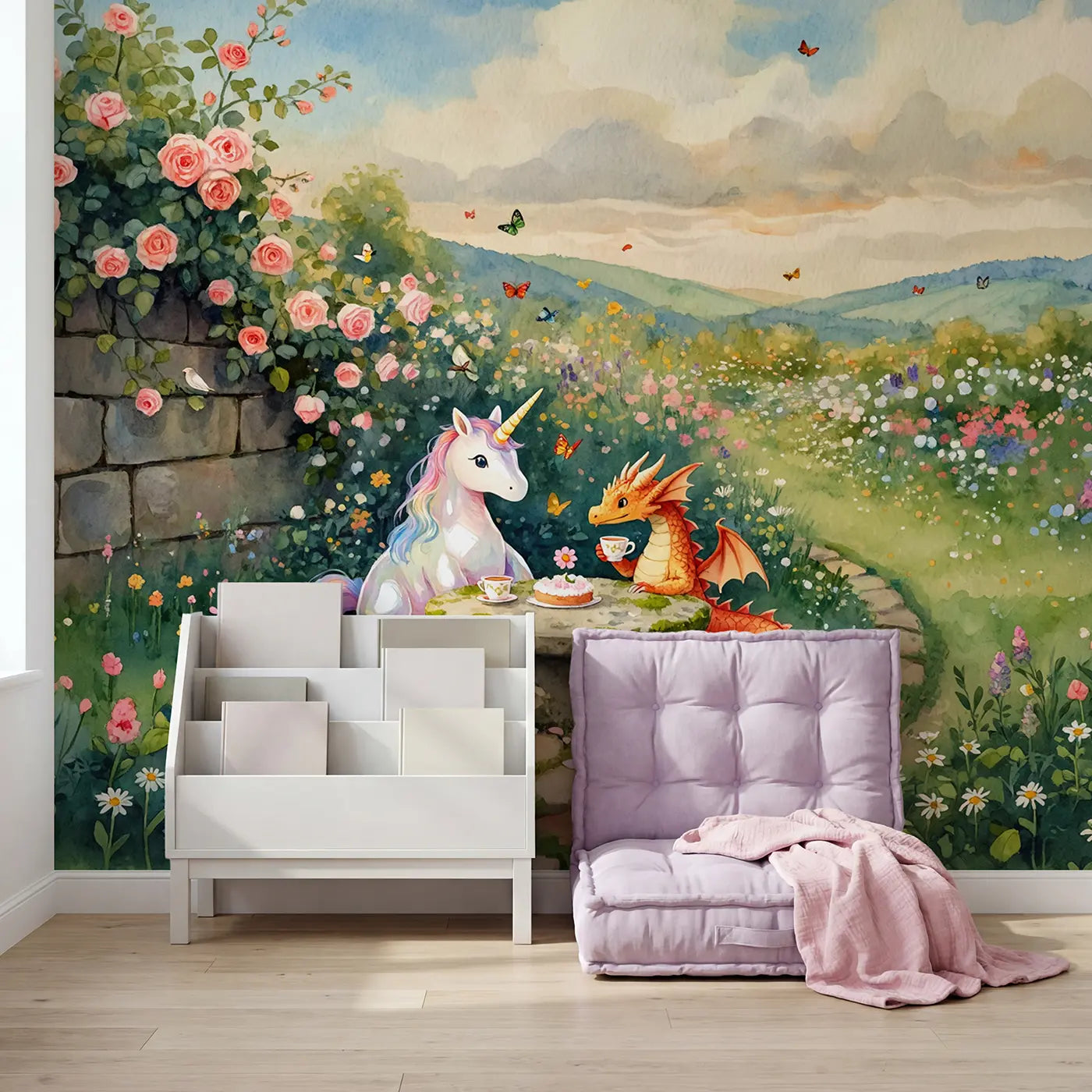 Unicorn and Dragon Tea Party Wallpaper Mural in playroom setting by Whimsy Tots