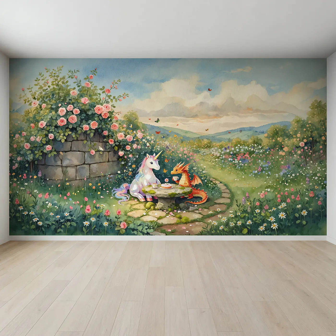 Full view of Unicorn and Dragon Tea Party Wallpaper Mural by Whimsy Tots