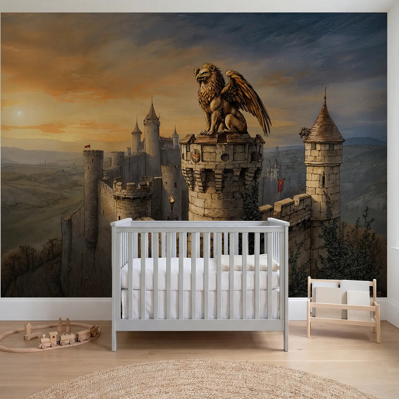 Storybook griffin castle tower shield wallpaper mural for boys room by Whimsy Tots