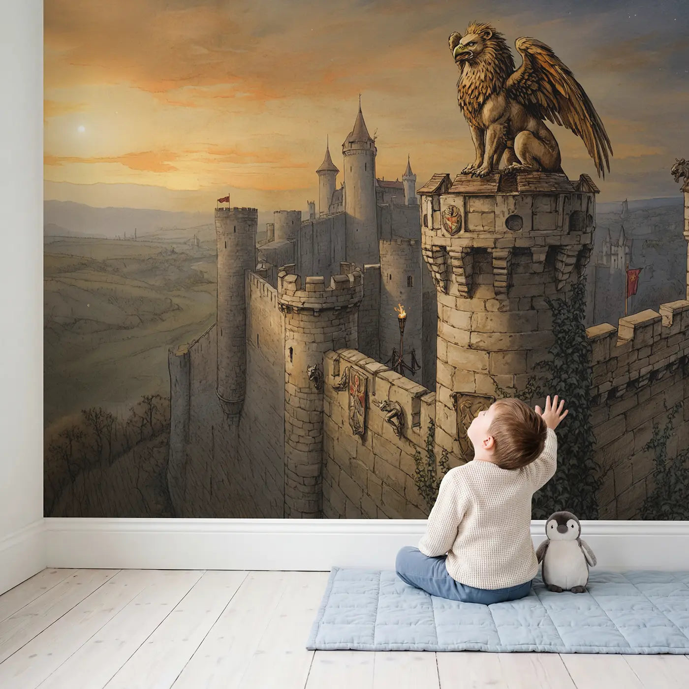 Child in nursery with Guardian Griffin Tower Wallpaper Mural by Whimsy Tots