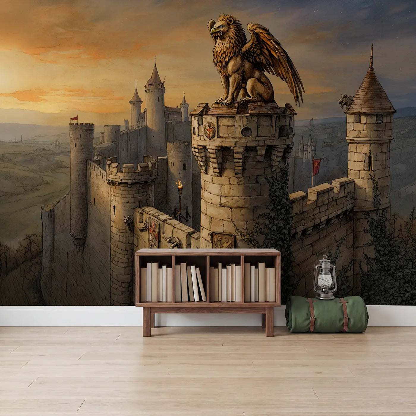 Guardian Griffin Tower Wallpaper Mural in playroom setting by Whimsy Tots