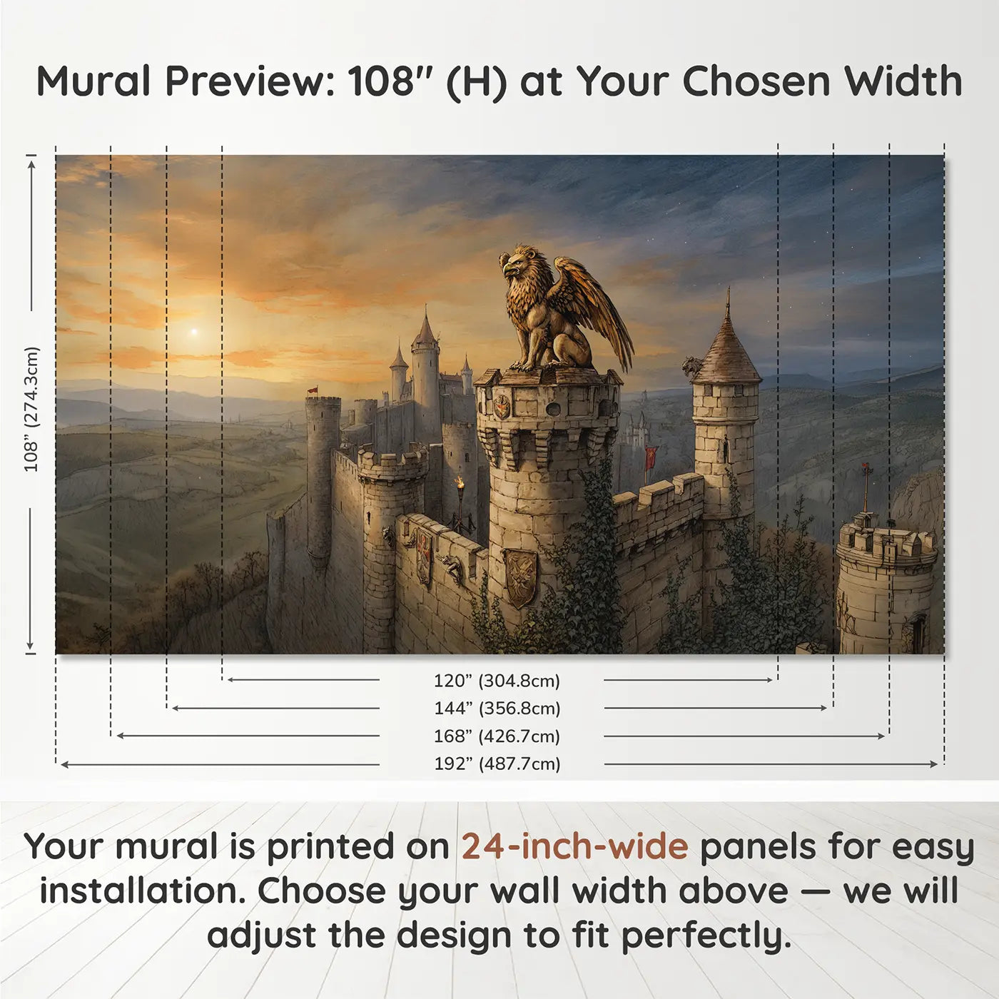 Panel layout and dimensions for Guardian Griffin Tower Wallpaper Mural by Whimsy Tots
