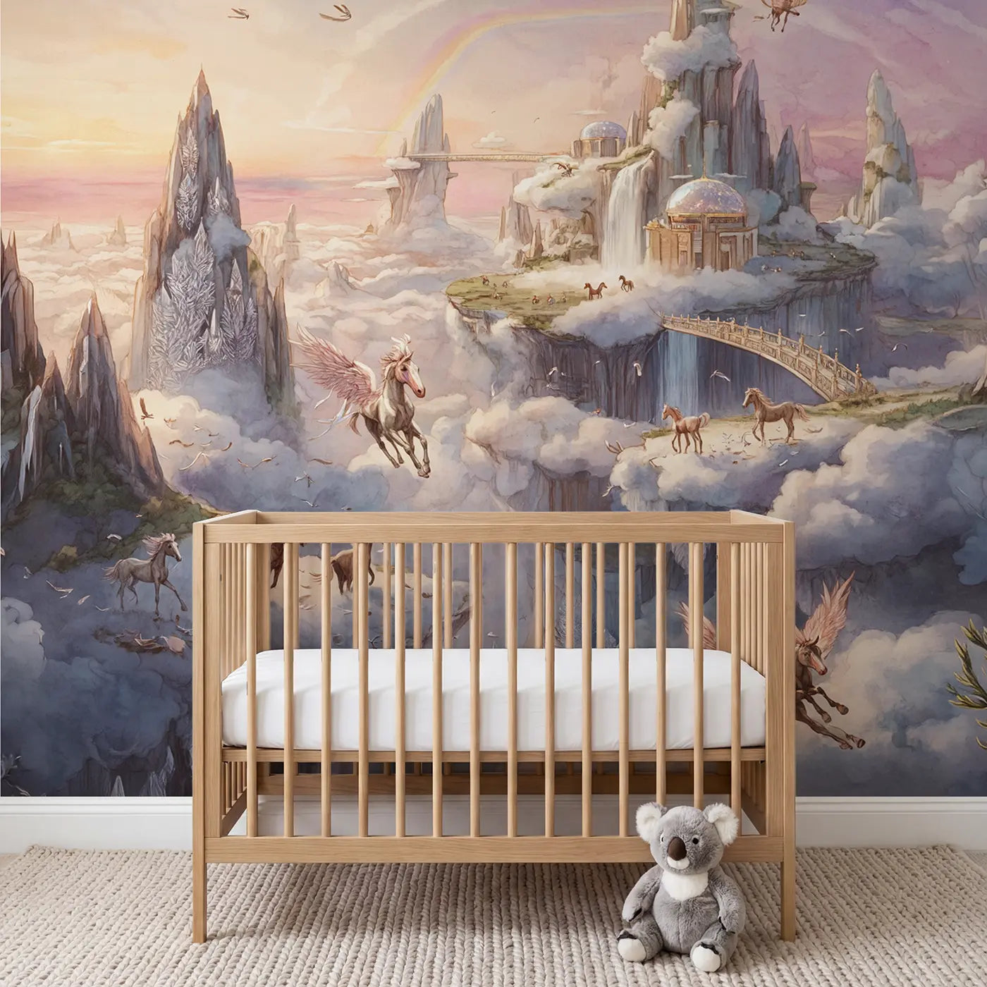 Storybook pegasus cloud kingdom wallpaper mural for kids room by Whimsy Tots