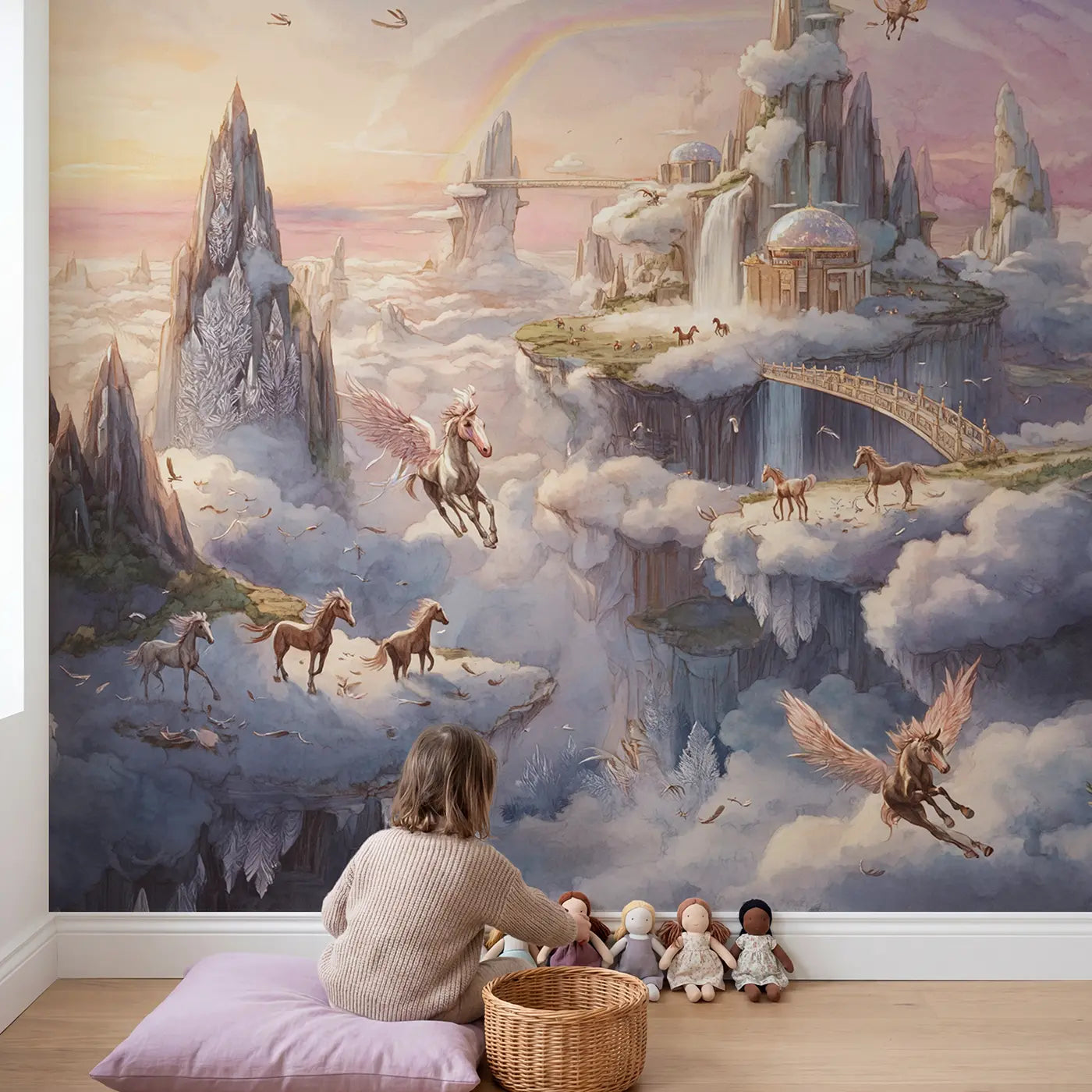Child in nursery with Pegasus Cloud Kingdom Wallpaper Mural by Whimsy Tots