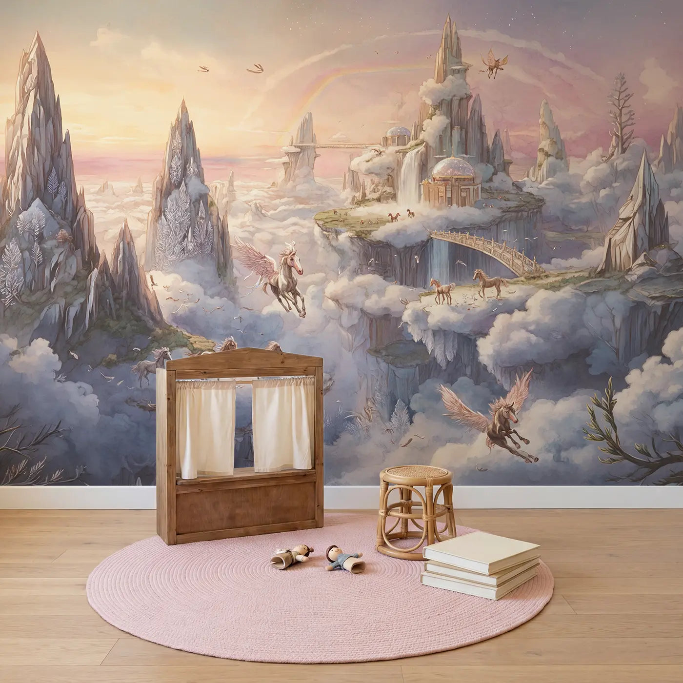 Pegasus Cloud Kingdom Wallpaper Mural in playroom setting by Whimsy Tots