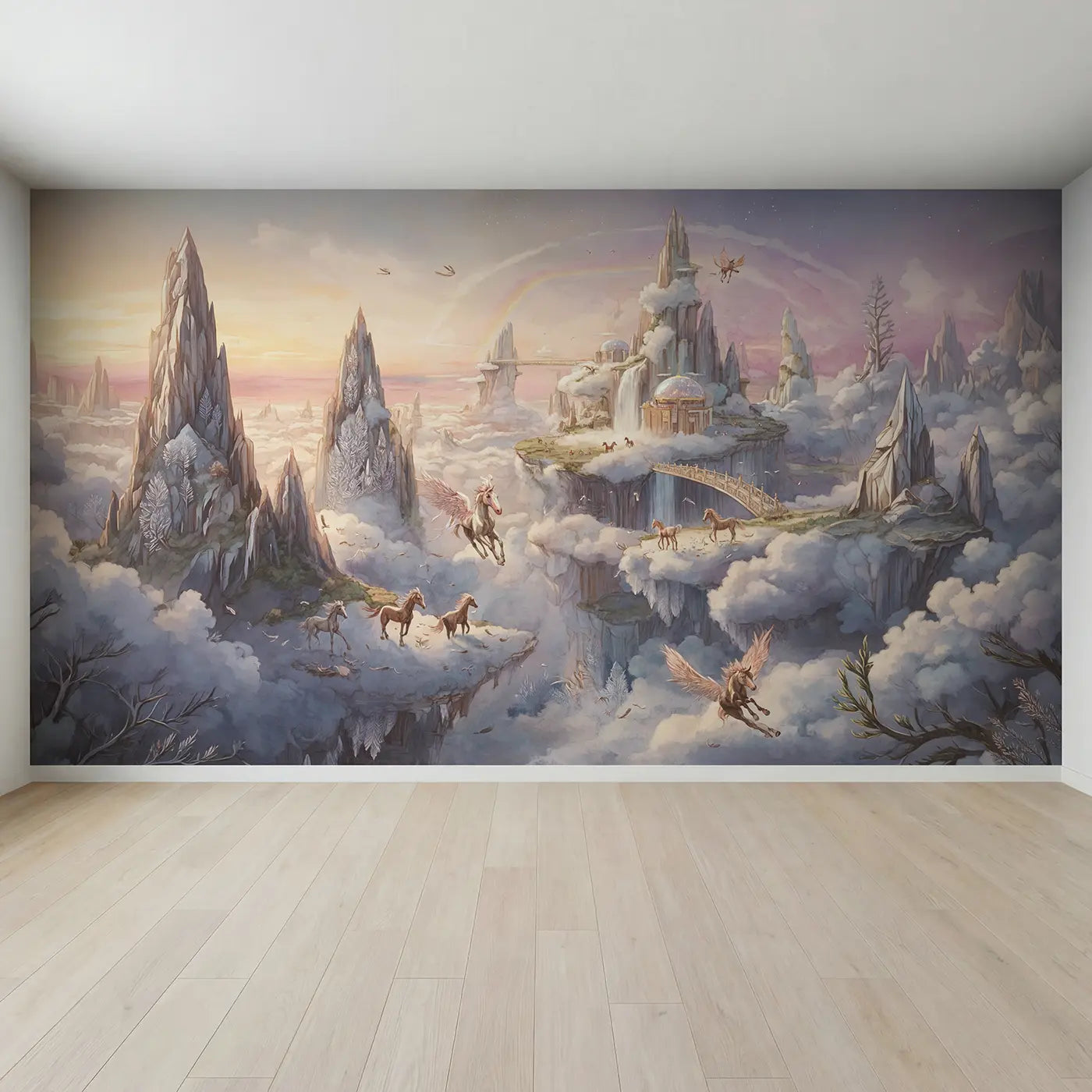 Full view of Pegasus Cloud Kingdom Wallpaper Mural by Whimsy Tots
