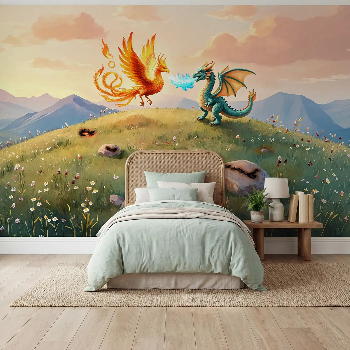 Soft pastel phoenix dragon sky rainbow wallpaper mural for kids room by Whimsy Tots