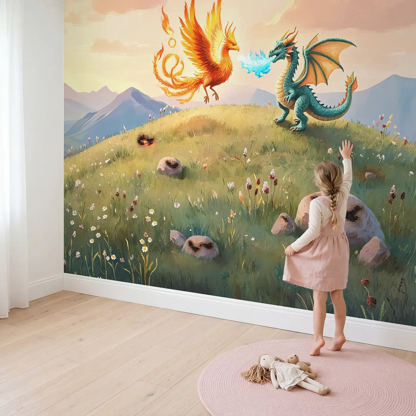 Child in nursery with Phoenix and Dragon Flame Wallpaper Mural by Whimsy Tots