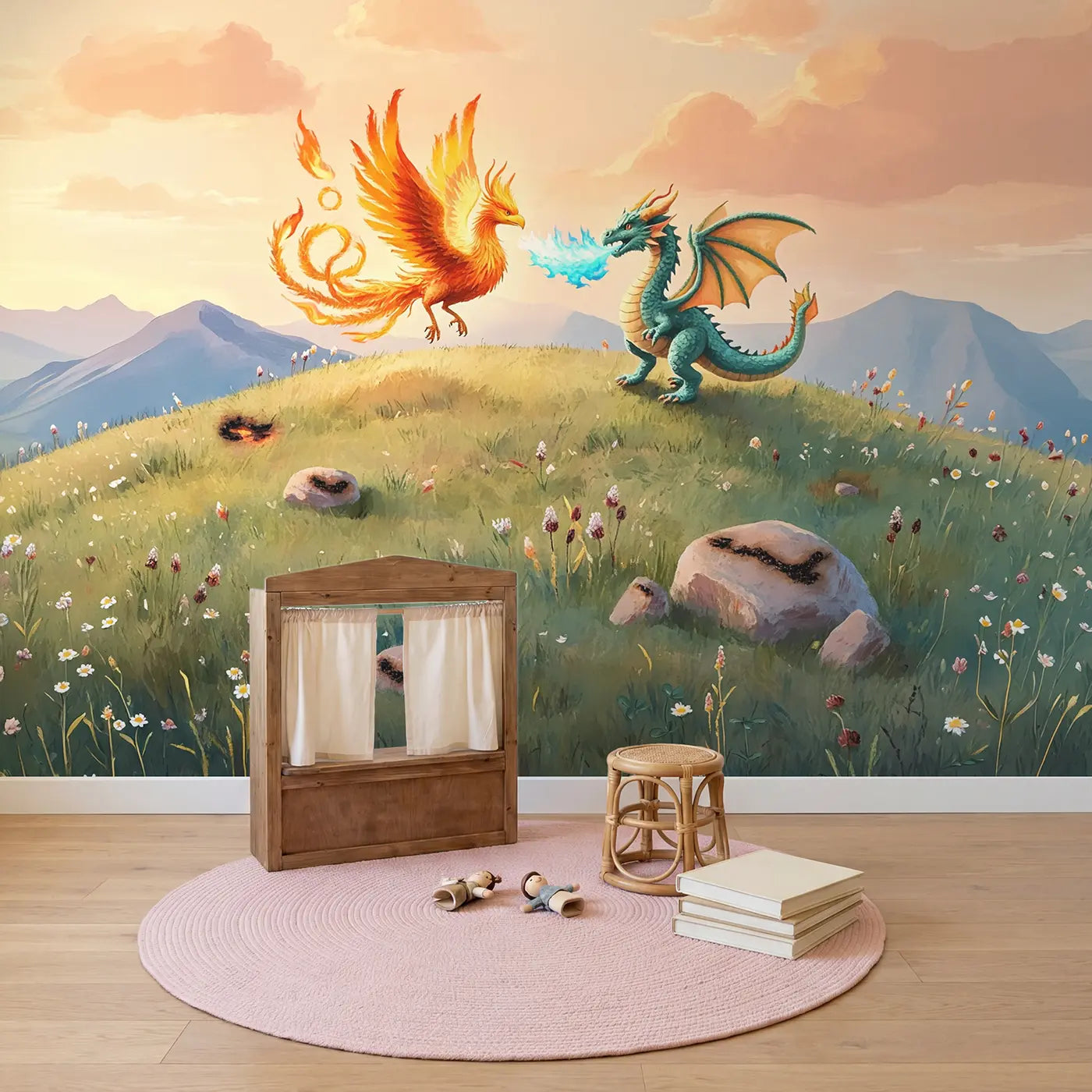 Phoenix and Dragon Flame Wallpaper Mural in playroom setting by Whimsy Tots
