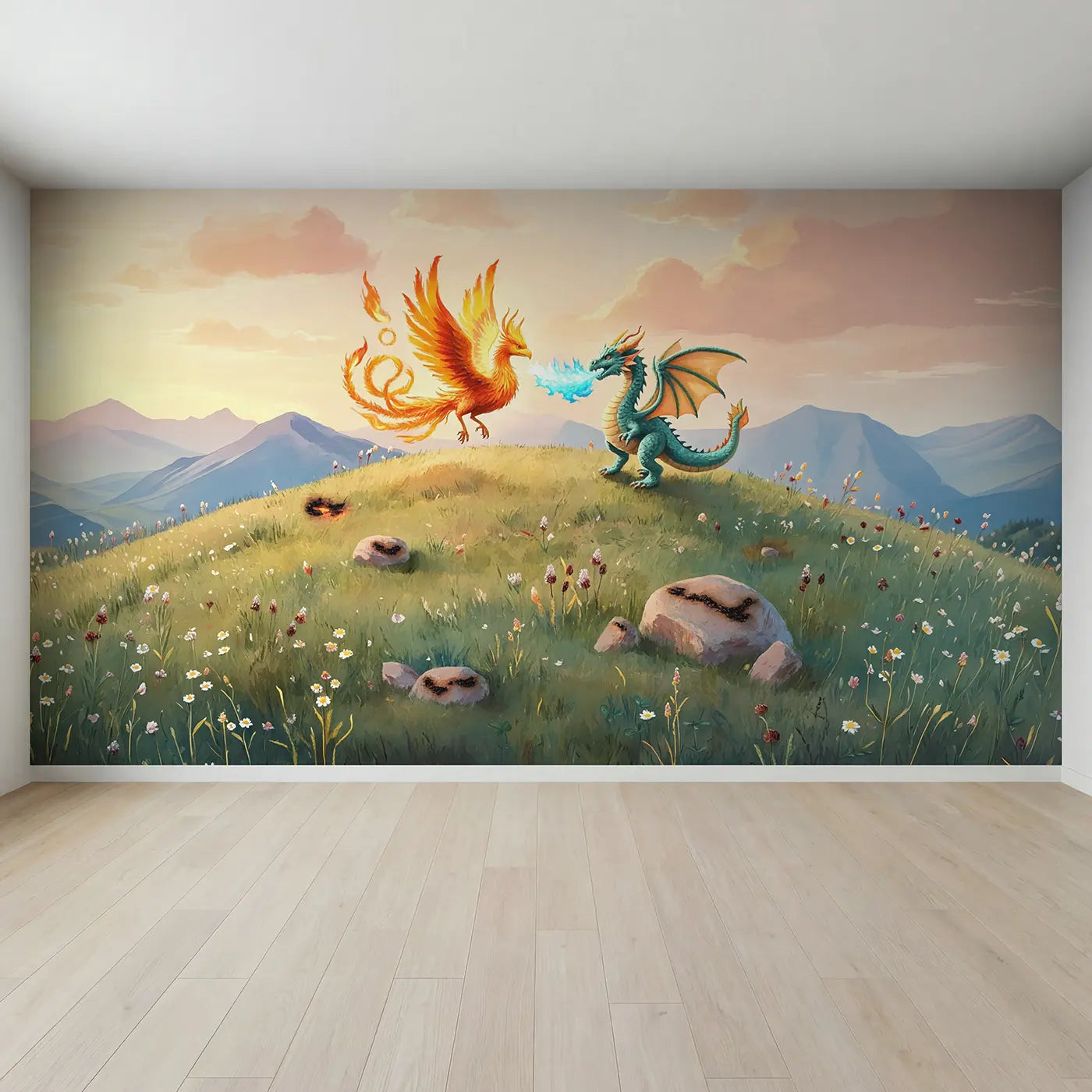Full view of Phoenix and Dragon Flame Wallpaper Mural by Whimsy Tots
